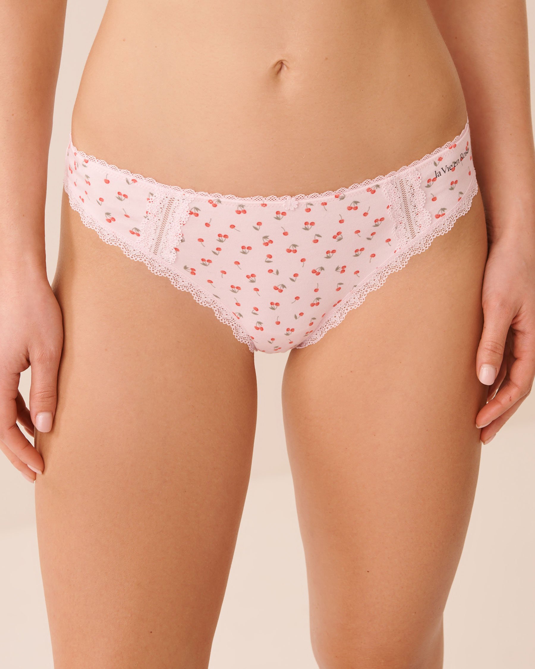 LA VIE EN ROSE Cotton and Lace Detail Thong Panty White/Cherries 20100774 - View1