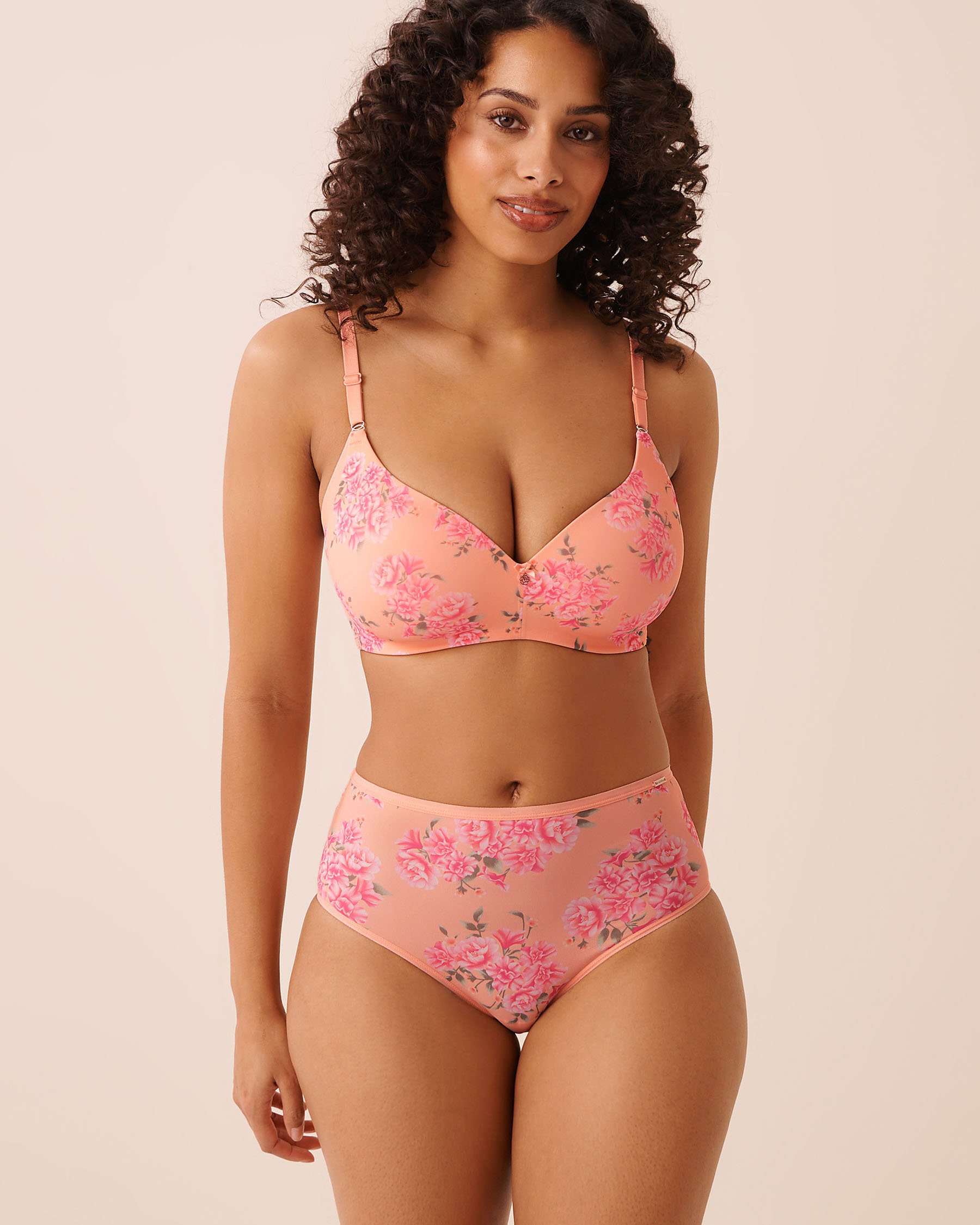 LA VIE EN ROSE Microfiber Sleek Back High Waist Bikini Panty Peach/Pink Flowers 20300511 - View4