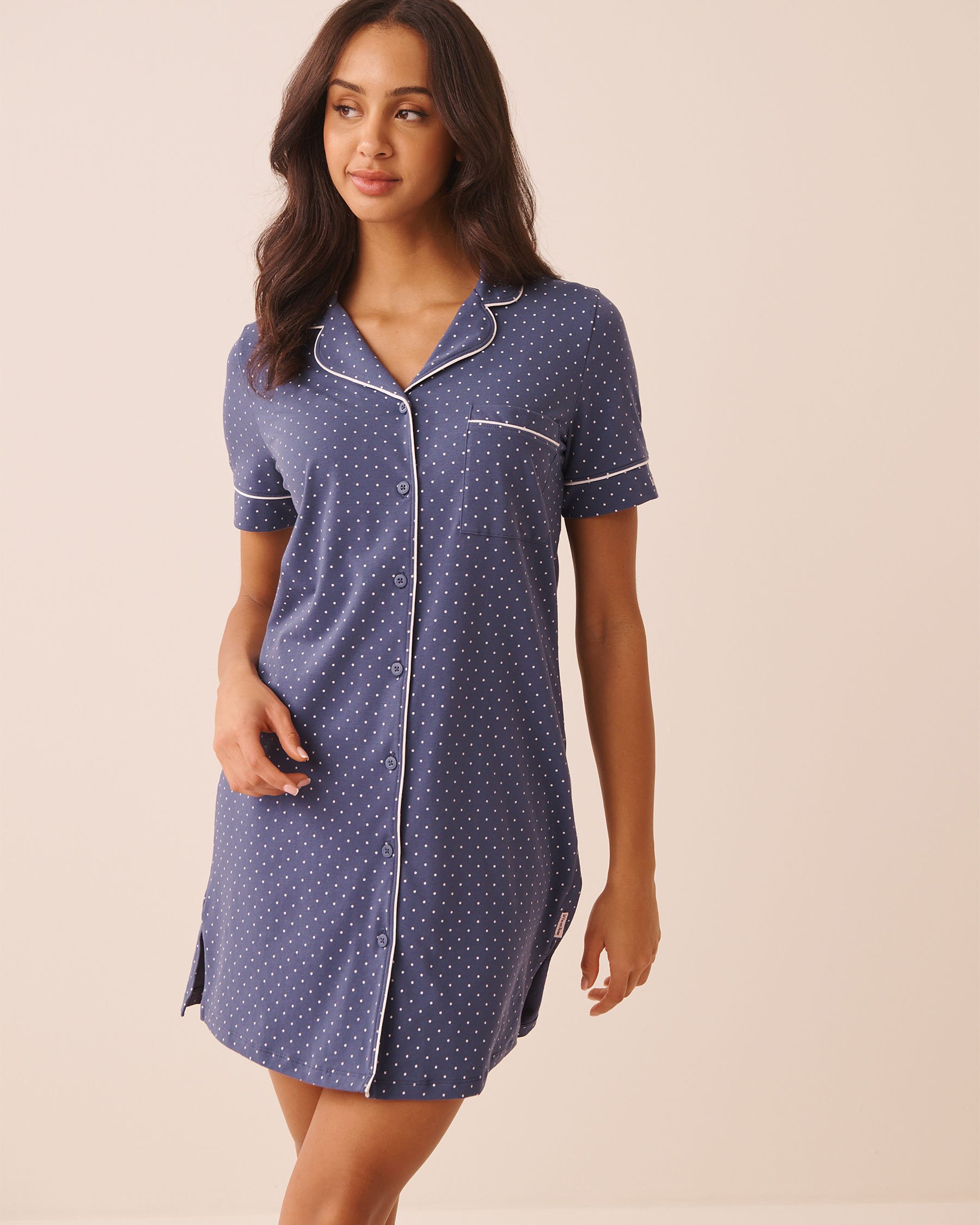 LA VIE EN ROSE Cotton Button-down Sleepshirt Blue Polka Dot 40500490 - View1