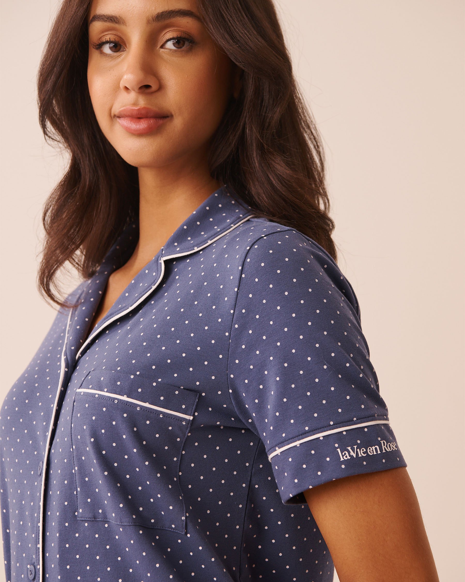 LA VIE EN ROSE Cotton Button-down Sleepshirt Blue Polka Dot 40500490 - View3
