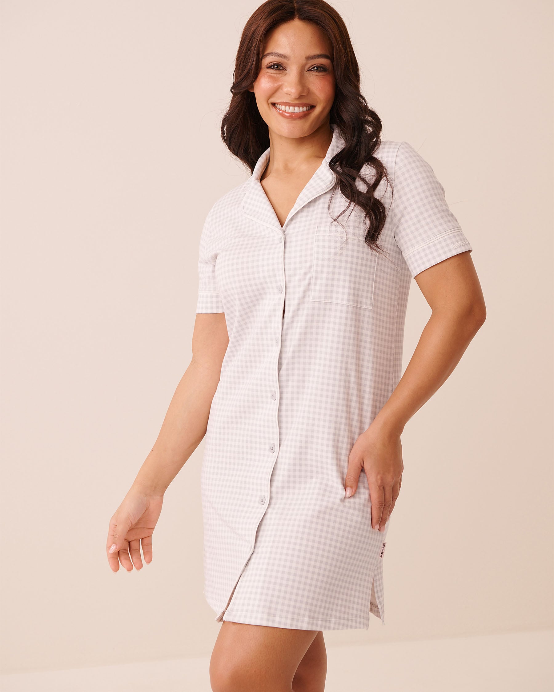 LA VIE EN ROSE Cotton Button-down Sleepshirt Grey Gingham 40500490 - View1