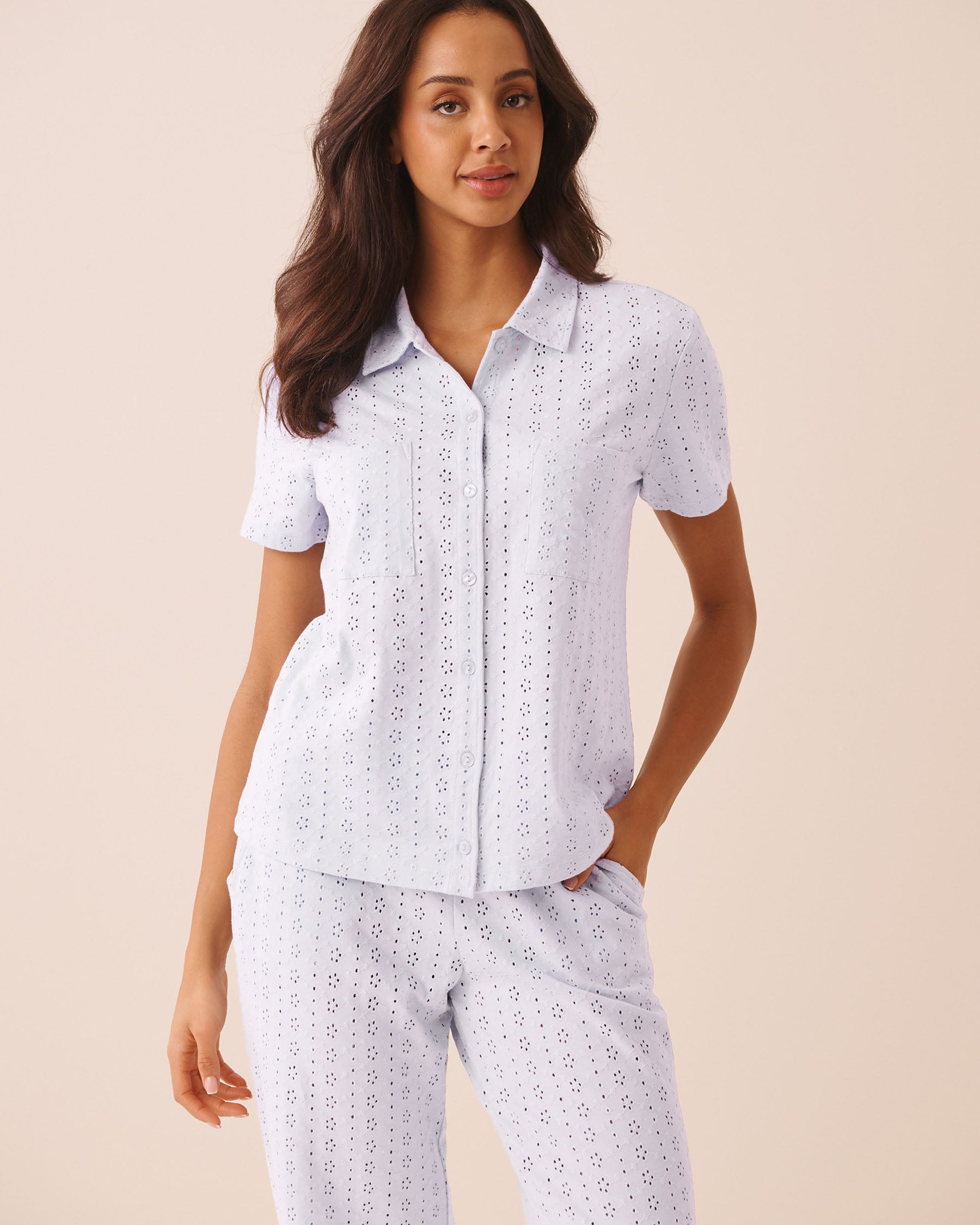 LA VIE EN ROSE Cotton Eyelet Button-down Shirt Blue 40100873 - View1