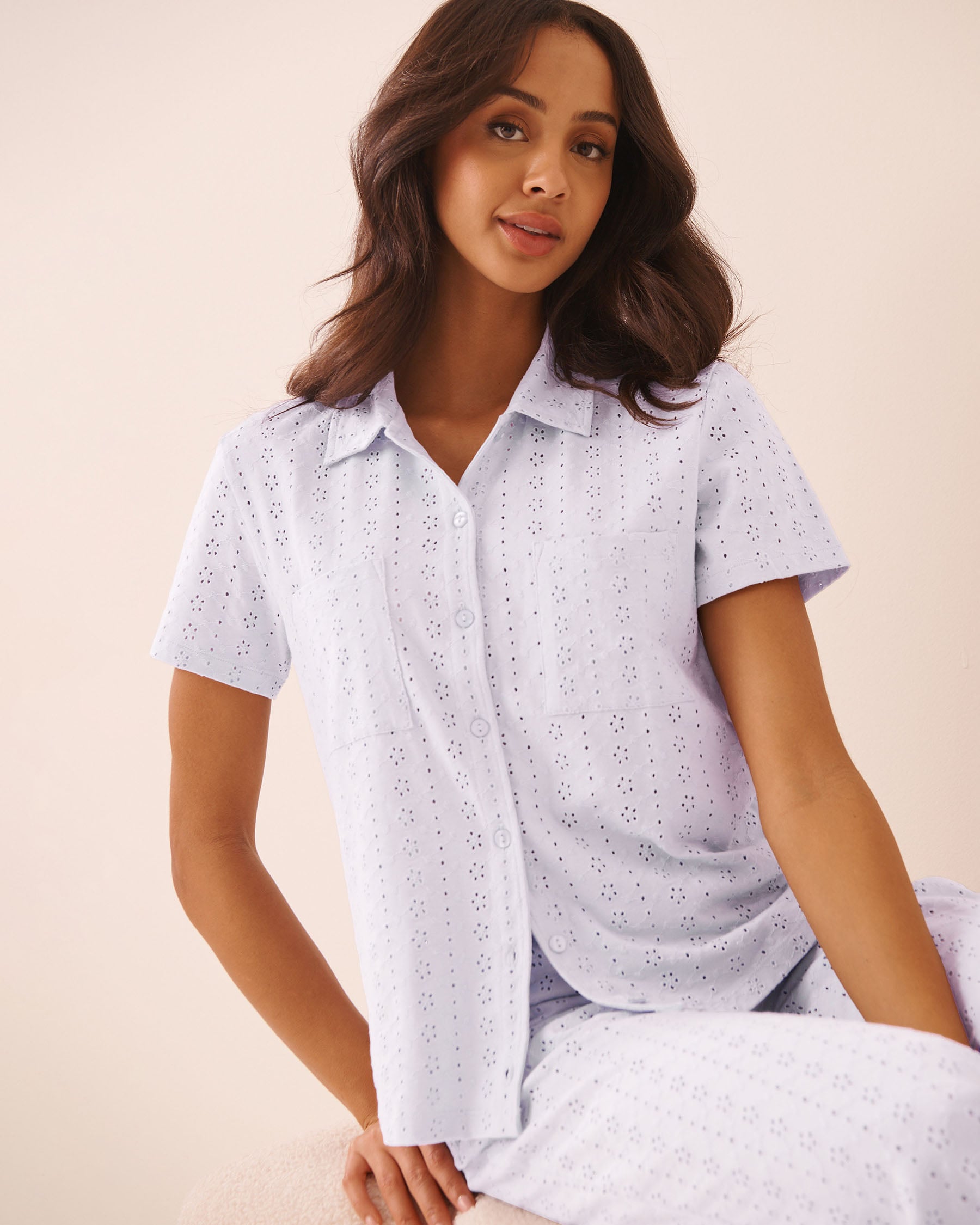 LA VIE EN ROSE Cotton Eyelet Button-down Shirt Blue 40100873 - View3