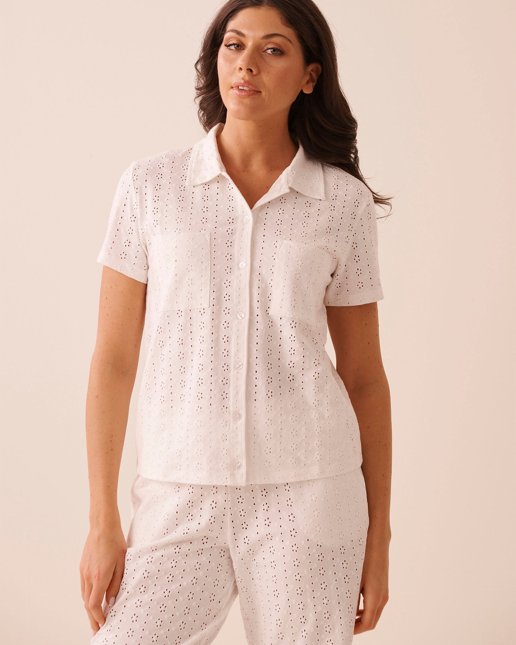 LA VIE EN ROSE Cotton Eyelet Button-down Shirt White 40100873 - View1