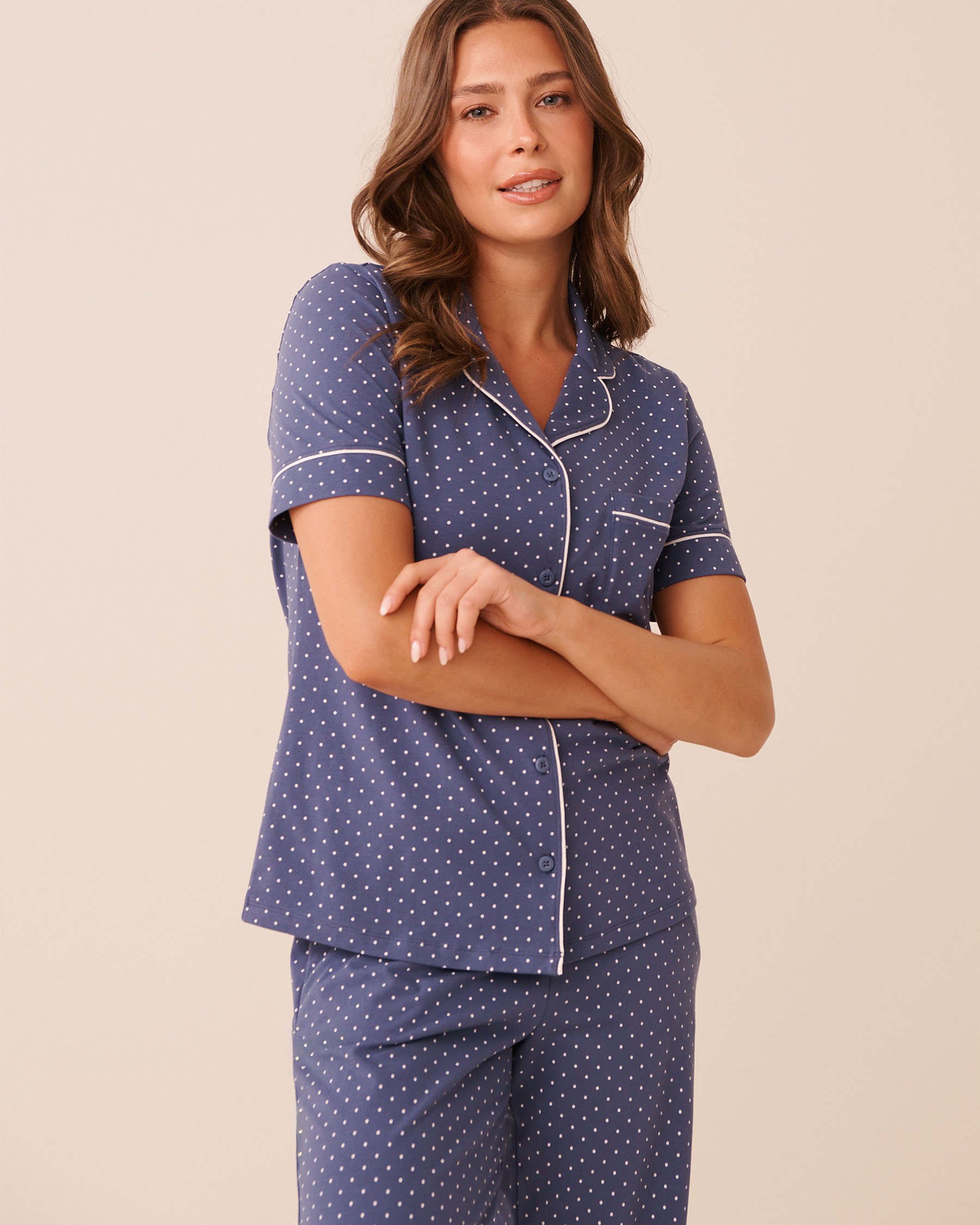 LA VIE EN ROSE Cotton Short Sleeve Button-down Shirt Blue Polka Dot 40100858 - View1