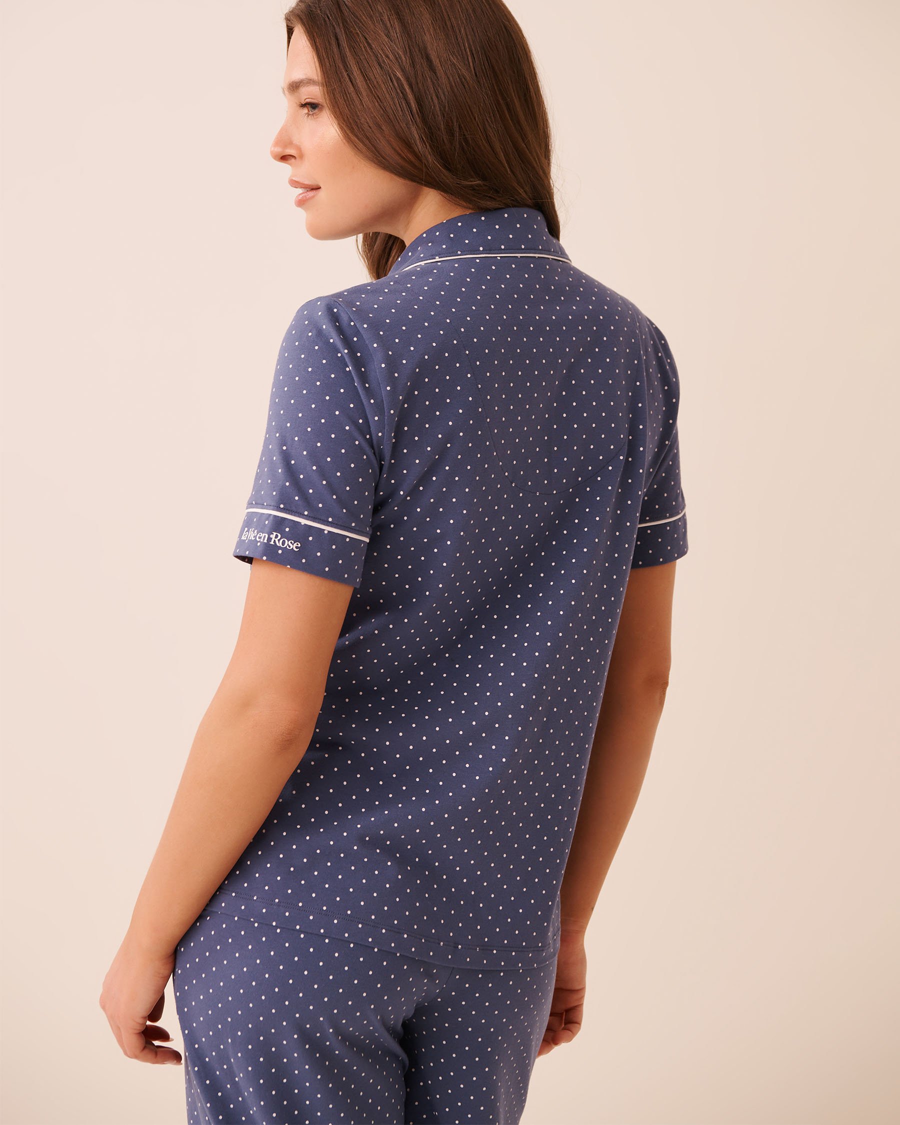 LA VIE EN ROSE Cotton Short Sleeve Button-down Shirt Blue Polka Dot 40100858 - View2
