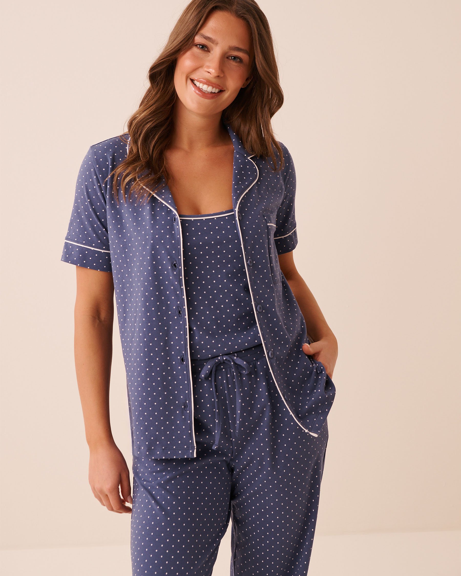 LA VIE EN ROSE Cotton Short Sleeve Button-down Shirt Blue Polka Dot 40100858 - View4