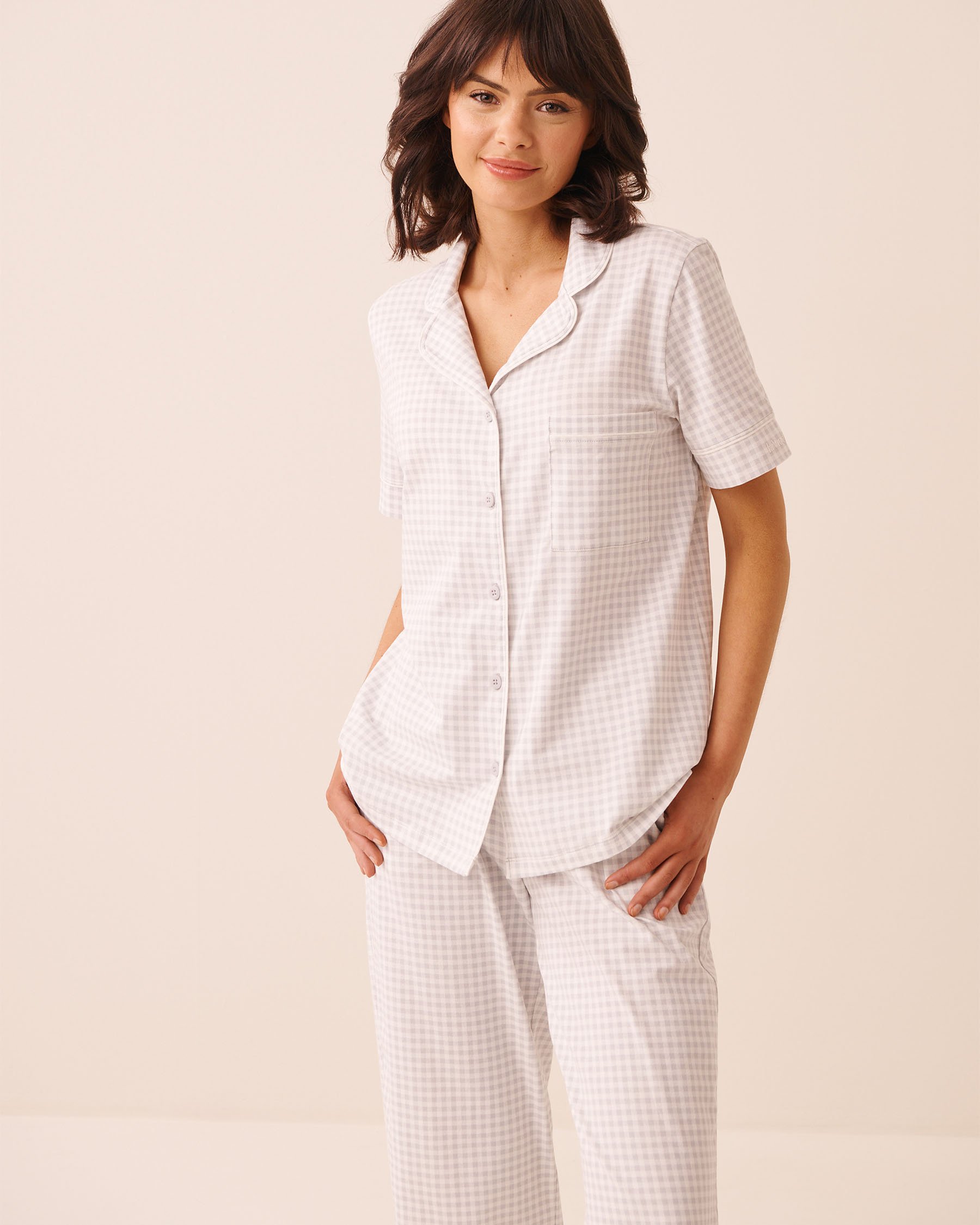 LA VIE EN ROSE Cotton Short Sleeve Button-down Shirt Grey Gingham 40100858 - View1