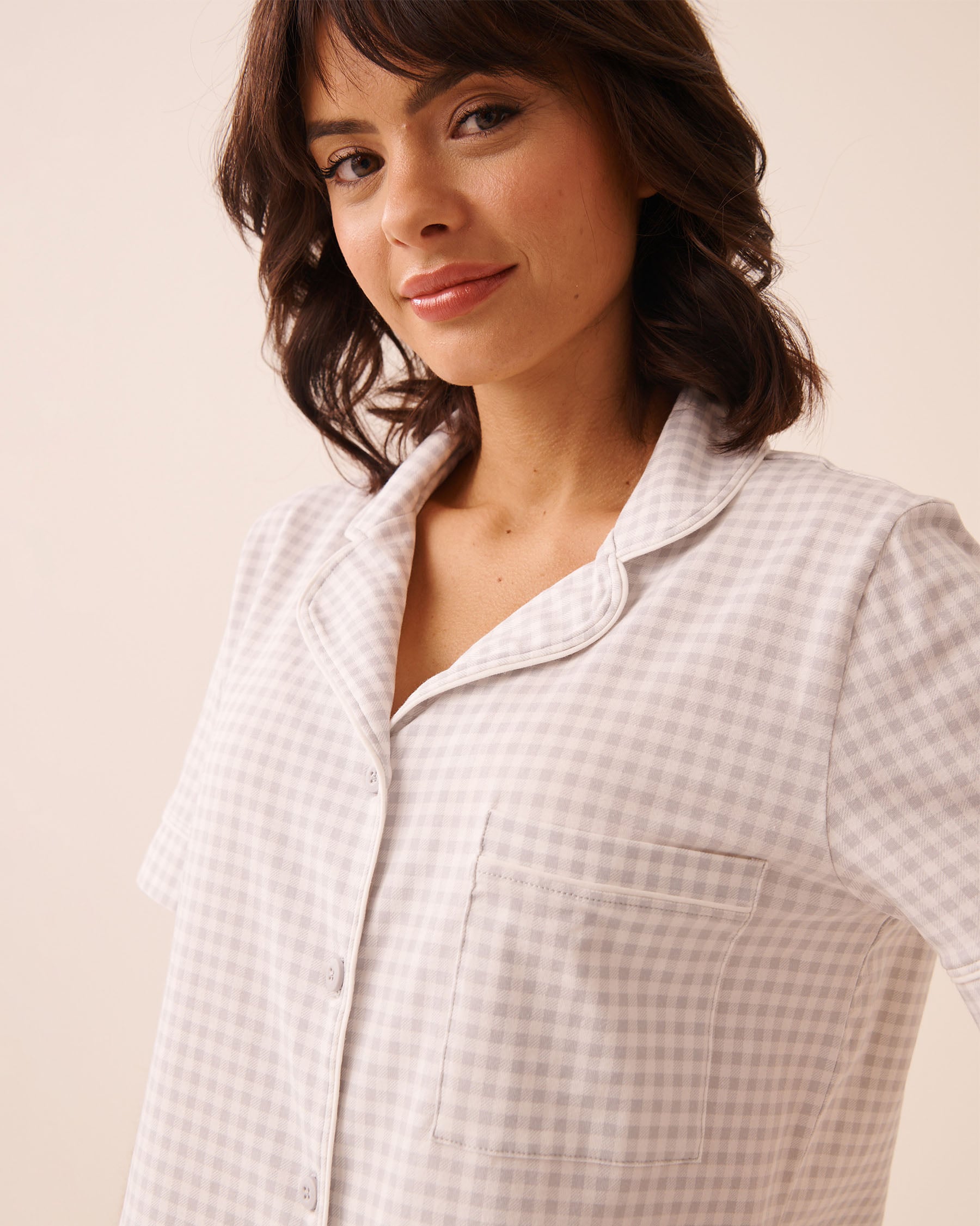 LA VIE EN ROSE Cotton Short Sleeve Button-down Shirt Grey Gingham 40100858 - View3