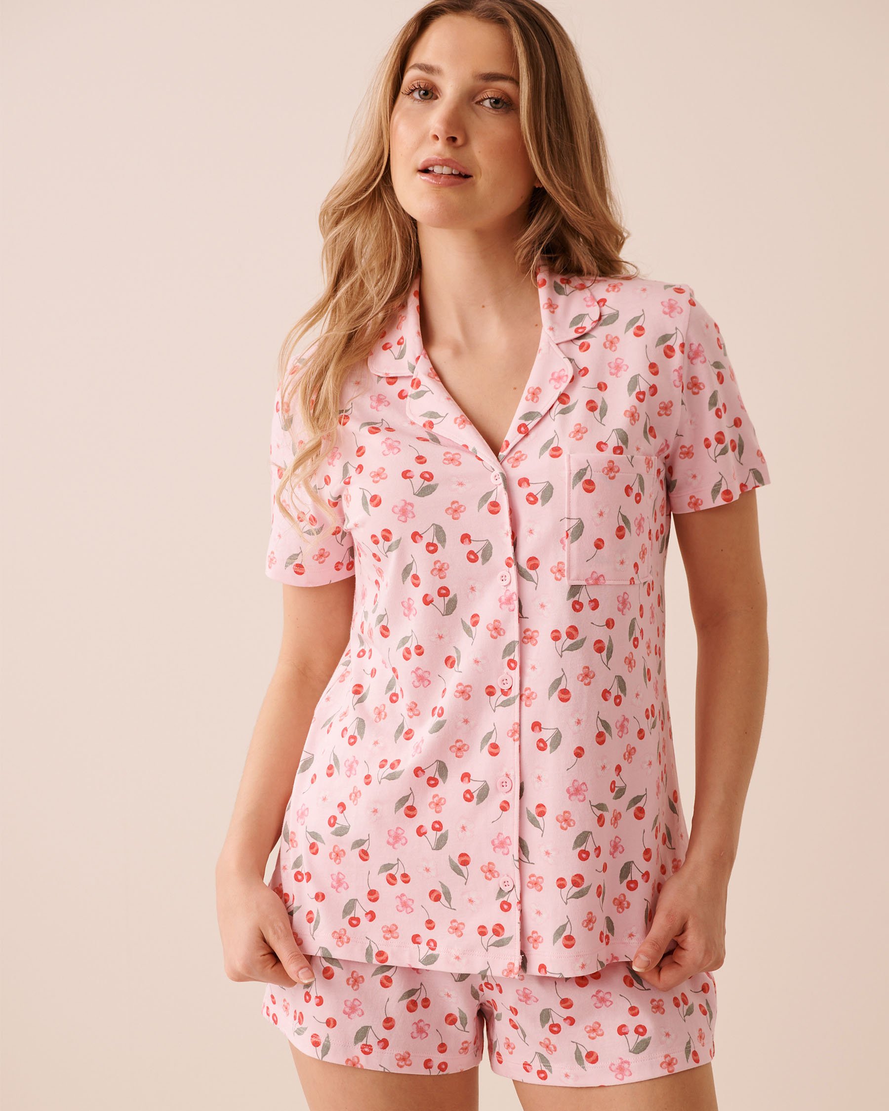 LA VIE EN ROSE Floral Cherry Print Shirt PJ Set Pink/Cherries 40400096 - View1