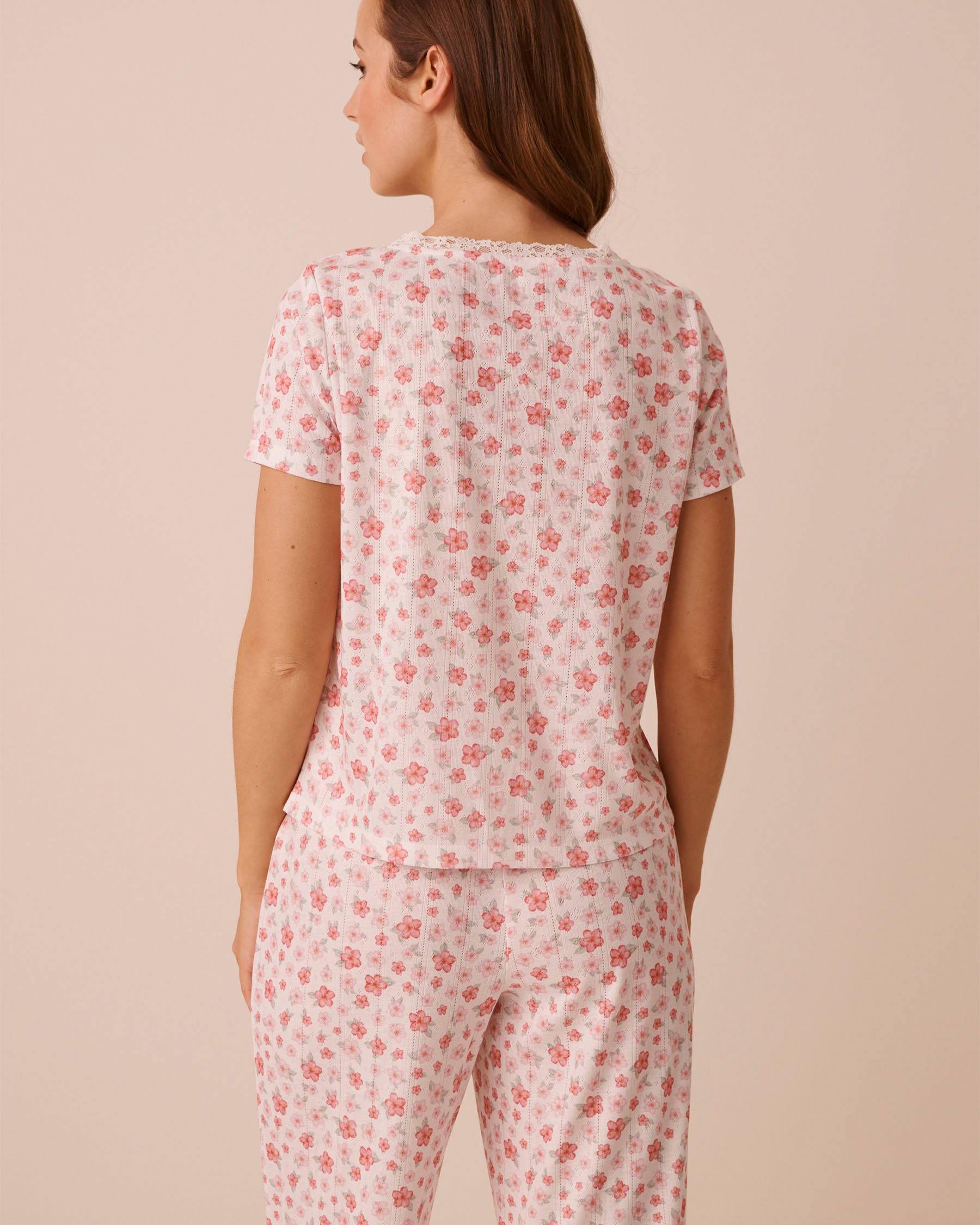 LA VIE EN ROSE T-shirt à nouer en pointelle bordure de dentelle imprimé hibiscus Blanc 40100871 - View2