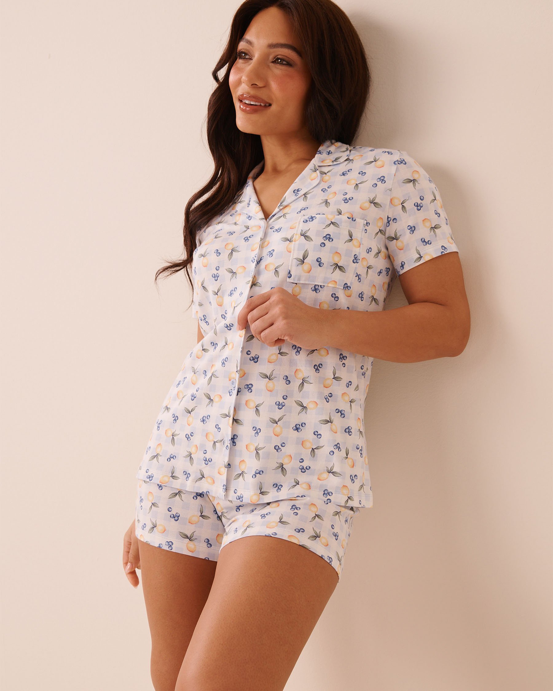LA VIE EN ROSE Lemon Gingham Print Shirt PJ Set Blue/Lemons 40400096 - View3
