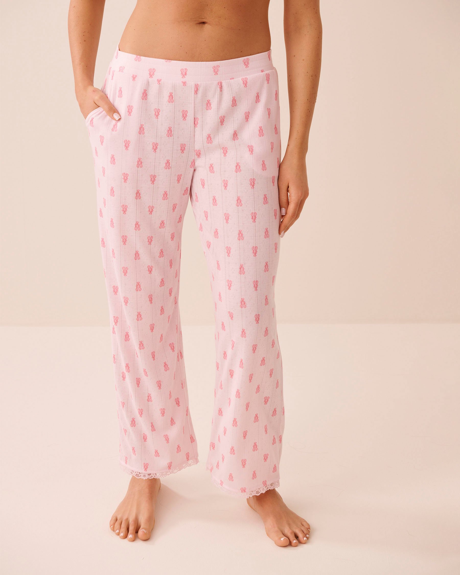 LA VIE EN ROSE Lobster Print Lace Trim Pointelle Pajama Pants Pink 40200852 - View1