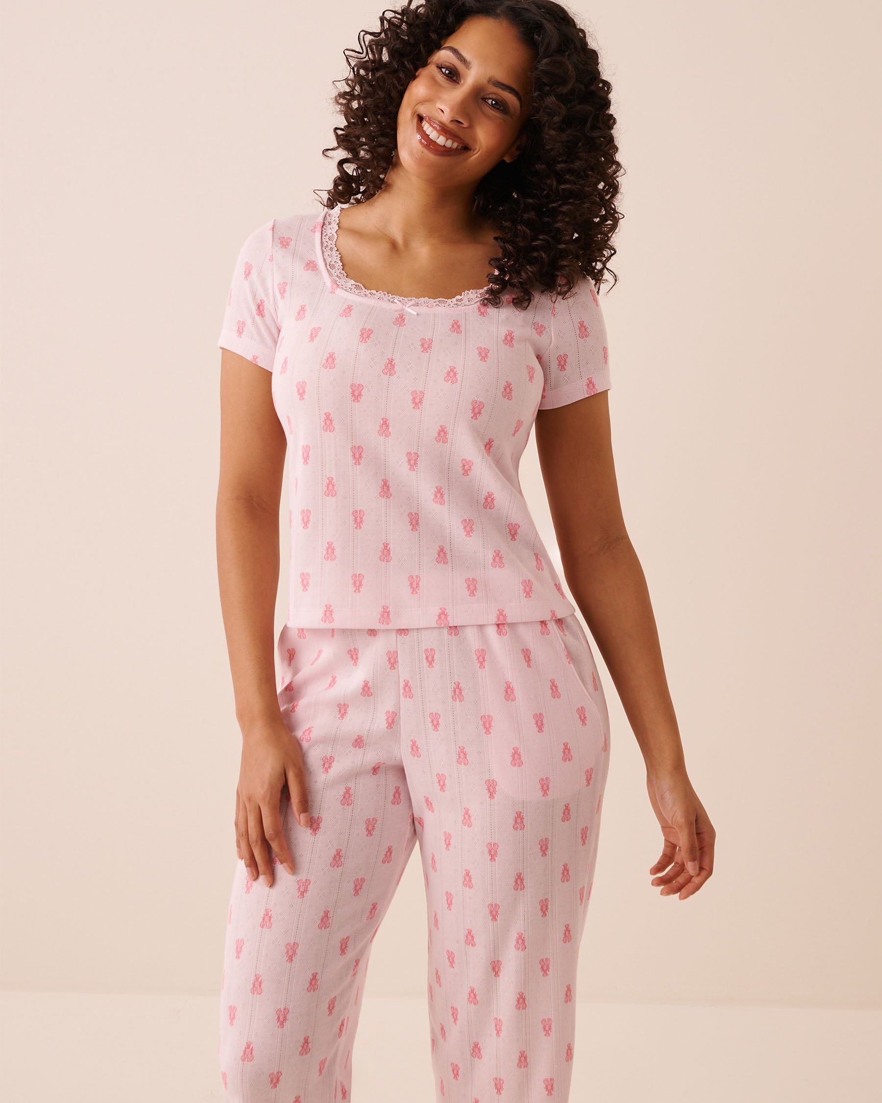 LA VIE EN ROSE Lobster Print Lace Trim Pointelle T-shirt Pink 40100870 - View1