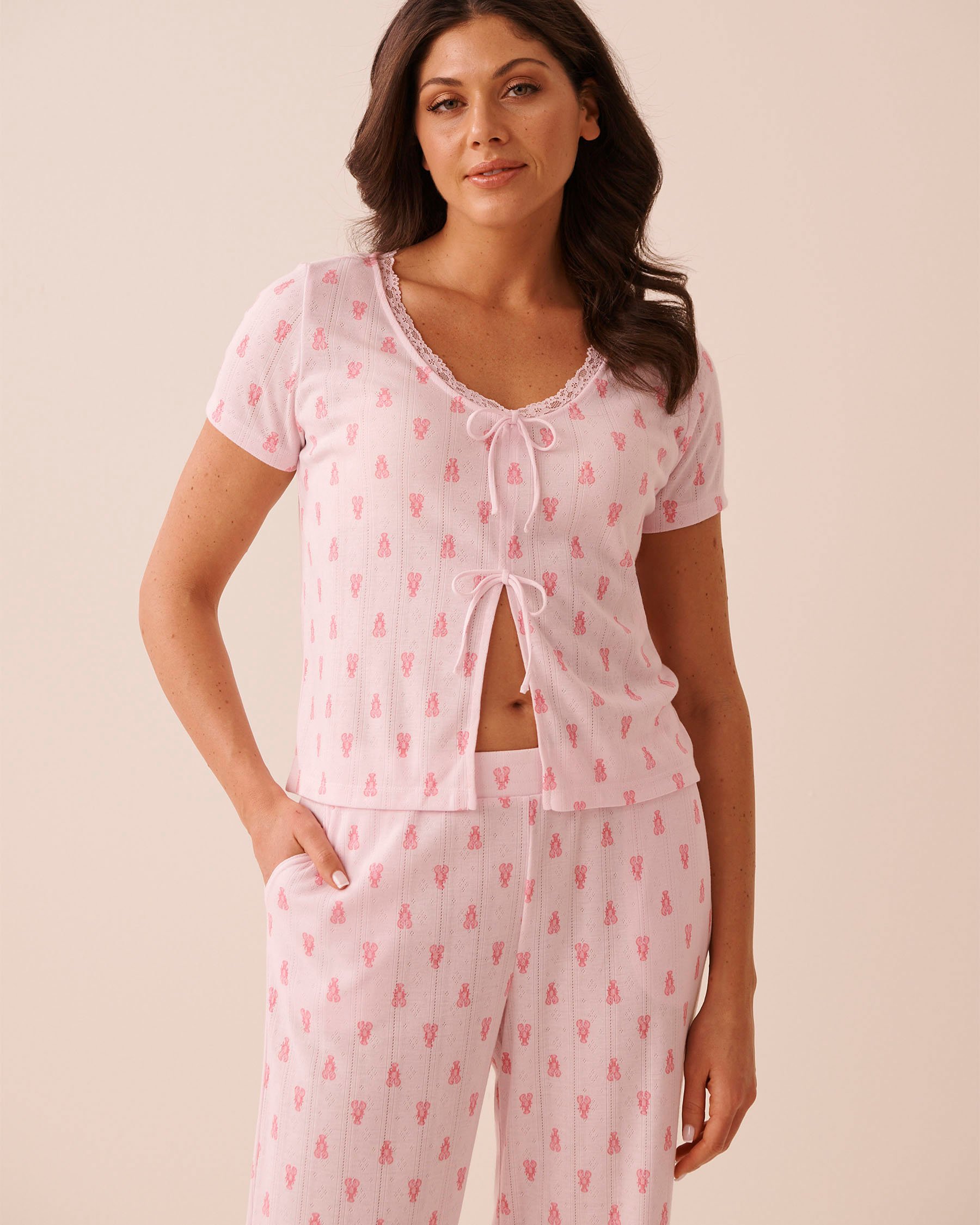 LA VIE EN ROSE Lobster Print Lace Trim Pointelle Tie-Front T-shirt Pink 40100871 - View1