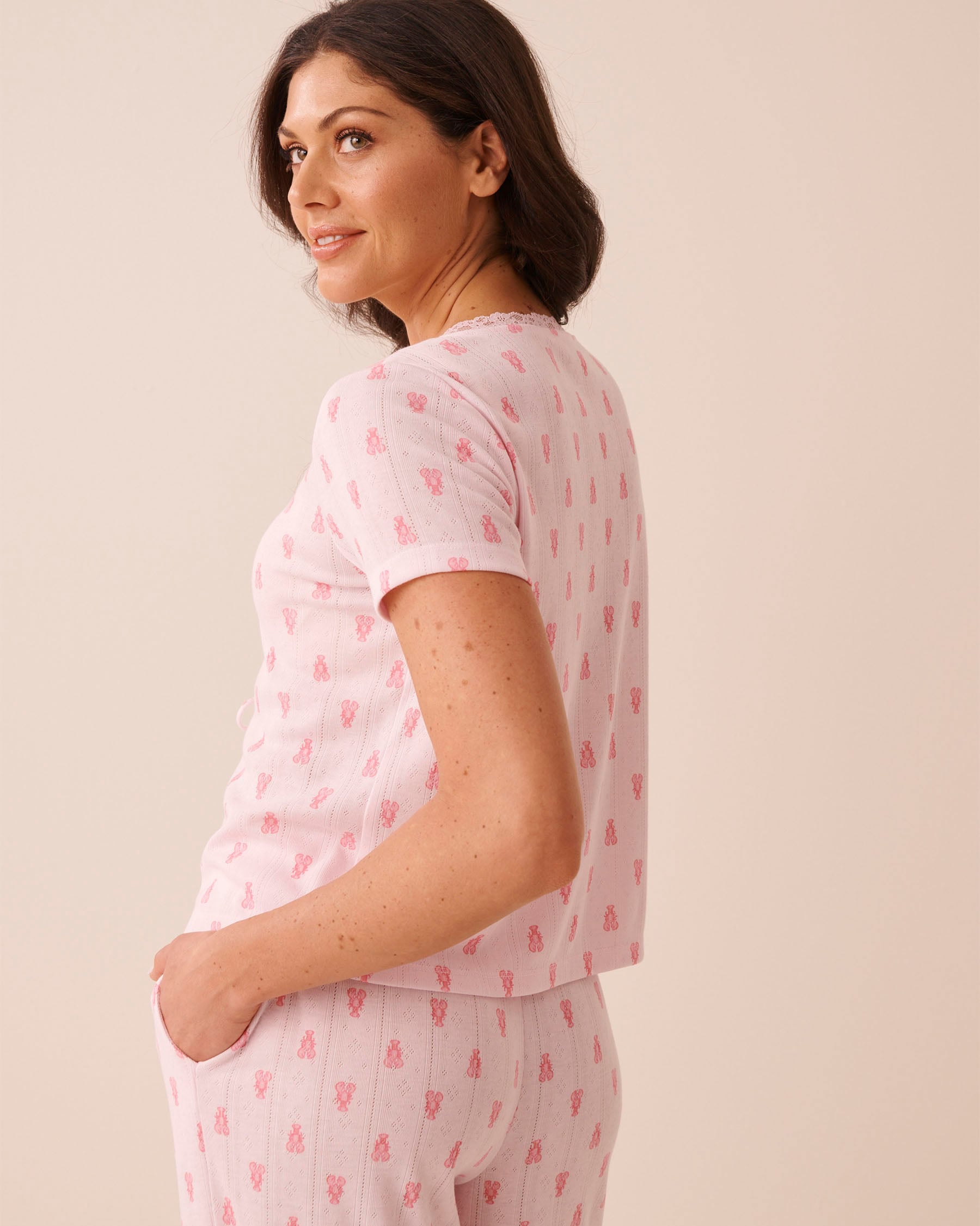 LA VIE EN ROSE Lobster Print Lace Trim Pointelle Tie-Front T-shirt Pink 40100871 - View2