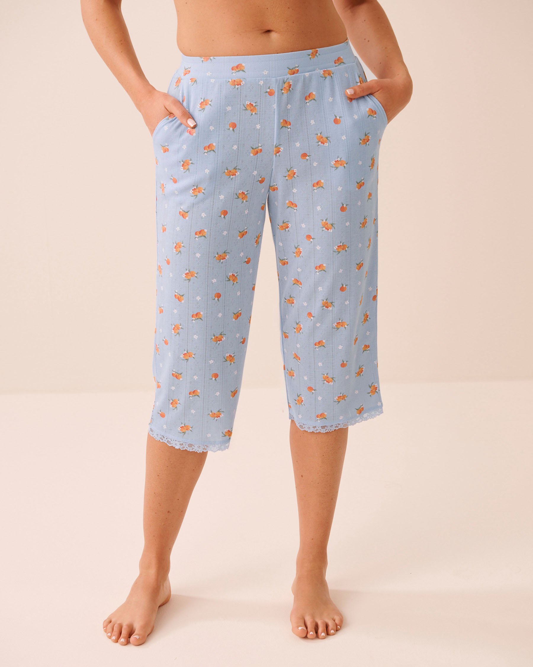 LA VIE EN ROSE Peach Print Lace Trim Pointelle Pajama Capris Blue 40200851 - View1