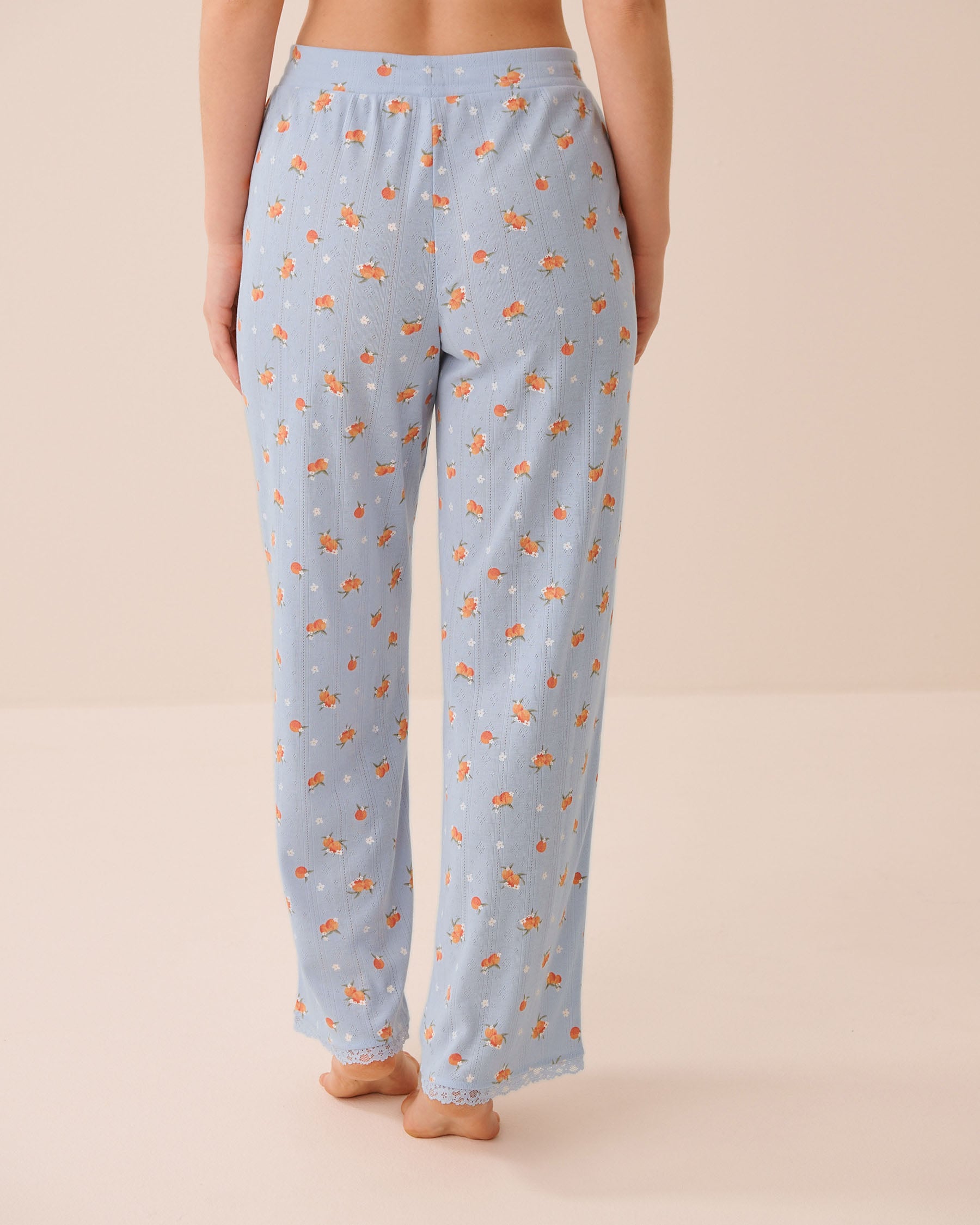 LA VIE EN ROSE Pantalon de pyjama en pointelle bordure de dentelle imprimé pêche Bleu 40200852 - View2