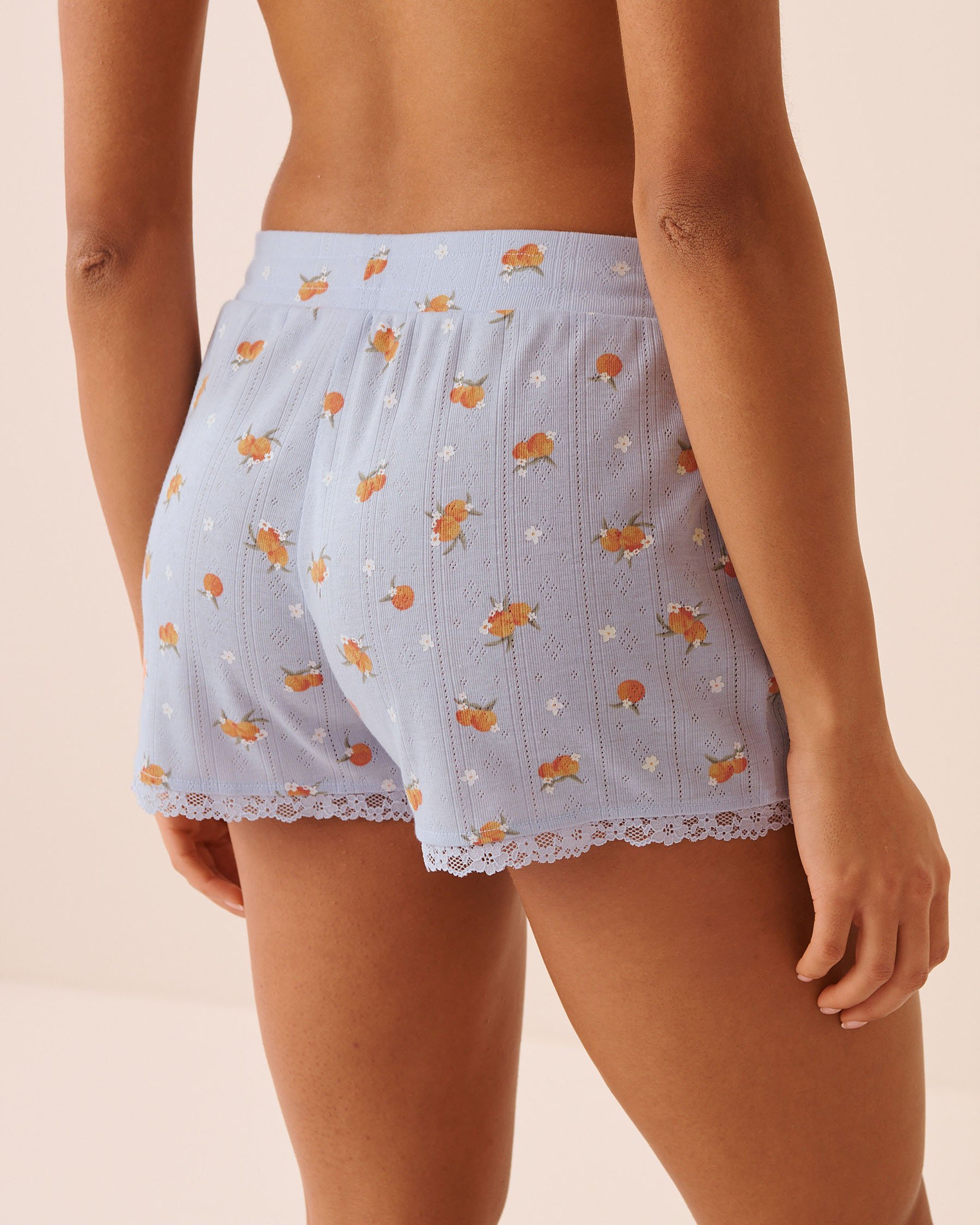 LA VIE EN ROSE Peach Print Lace Trim Pointelle Pajama Shorts Blue 40200850 - View2