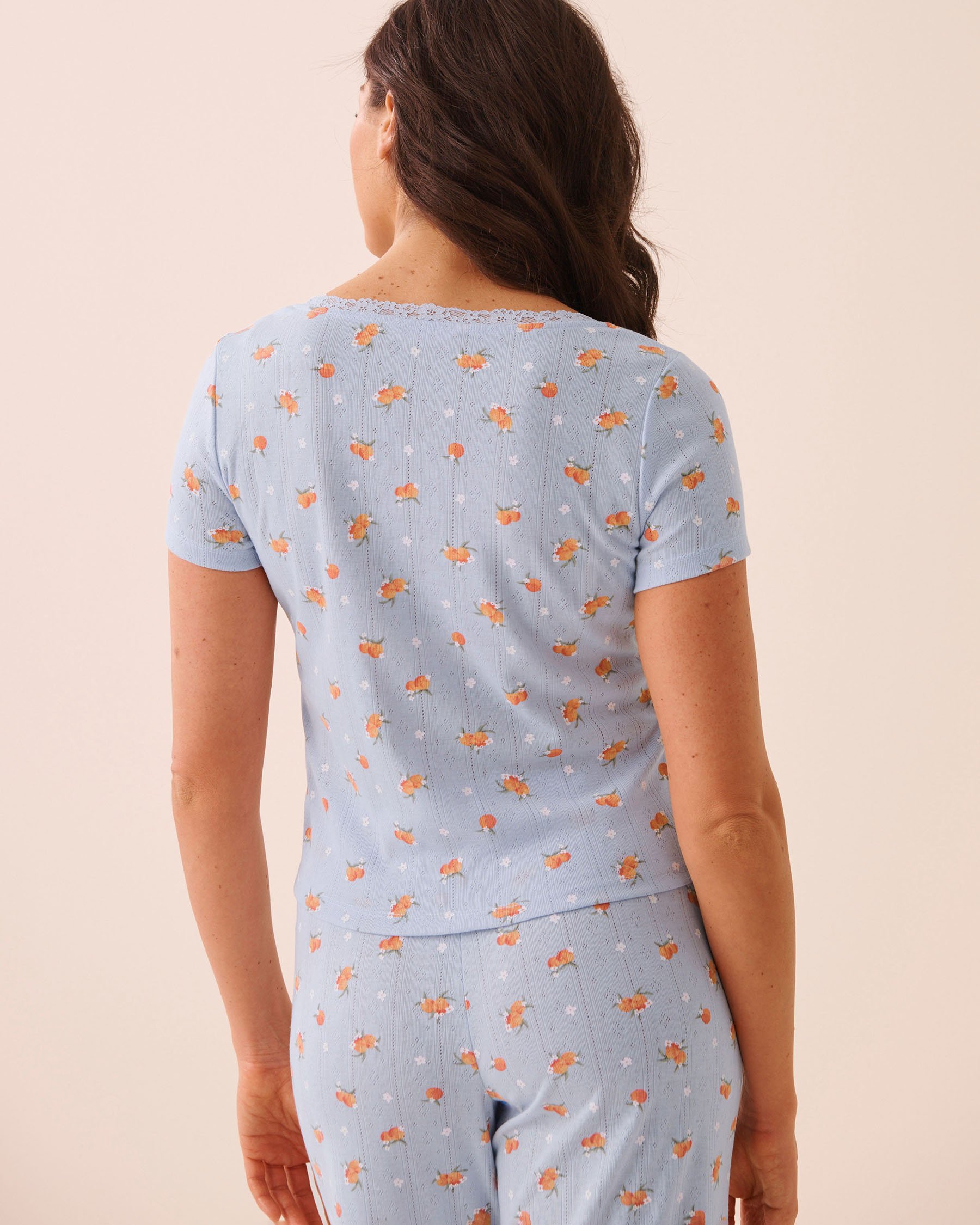 LA VIE EN ROSE Peach Print Lace Trim Pointelle T-shirt Blue 40100870 - View2