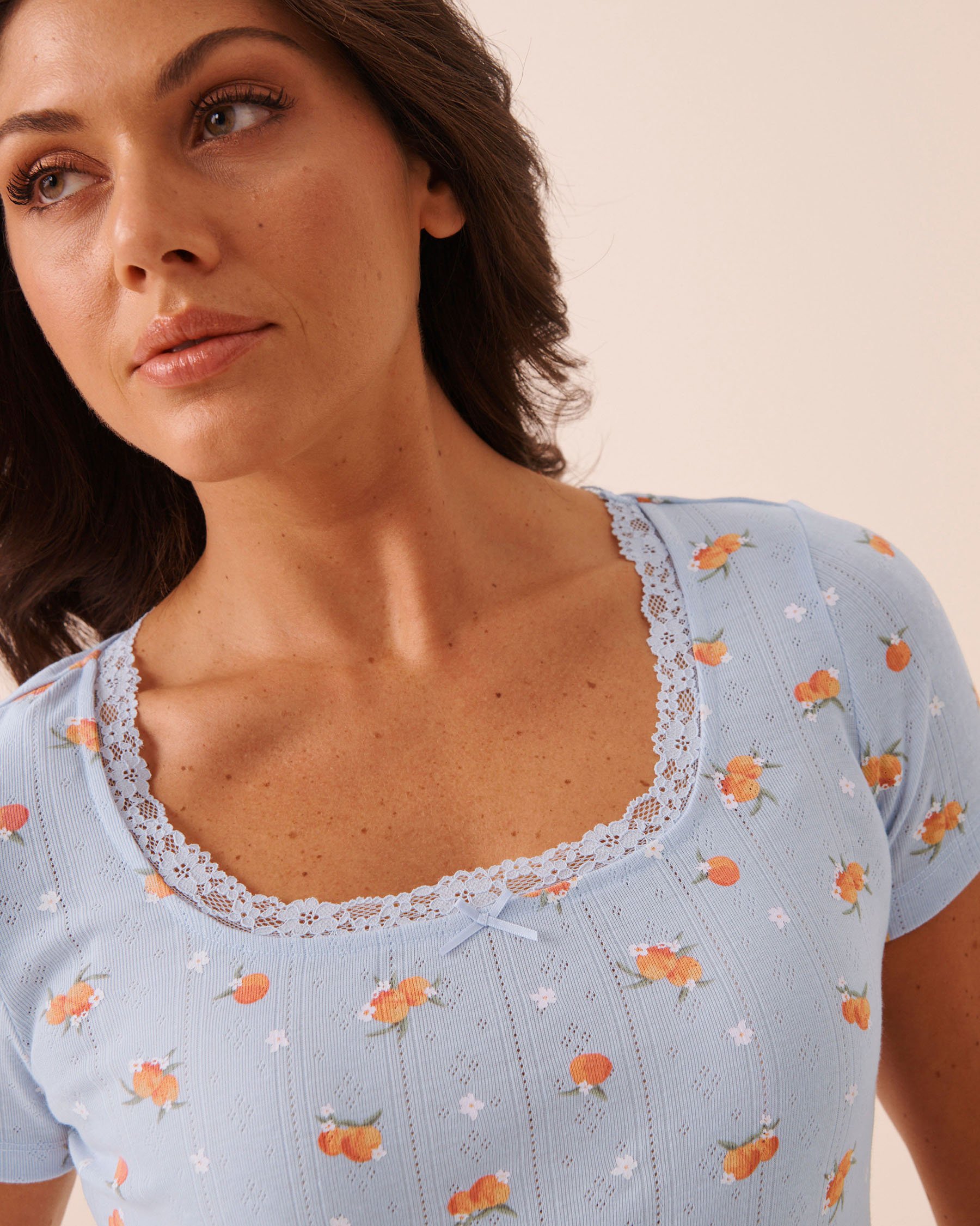 LA VIE EN ROSE Peach Print Lace Trim Pointelle T-shirt Blue 40100870 - View3