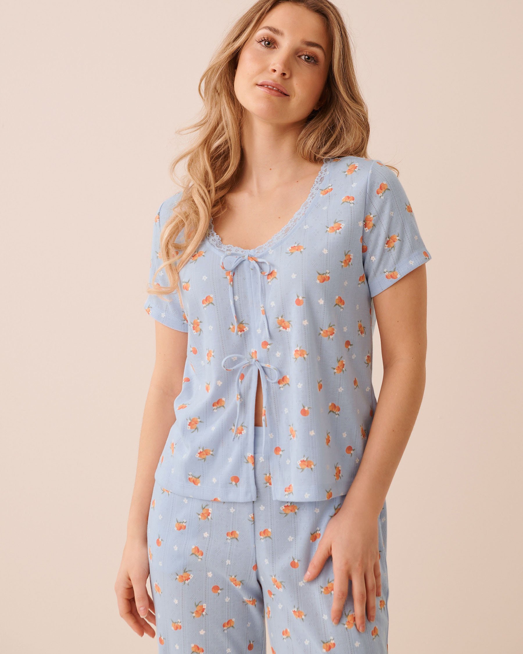 LA VIE EN ROSE Peach Print Lace Trim Pointelle Tie-Front T-shirt Blue 40100871 - View1