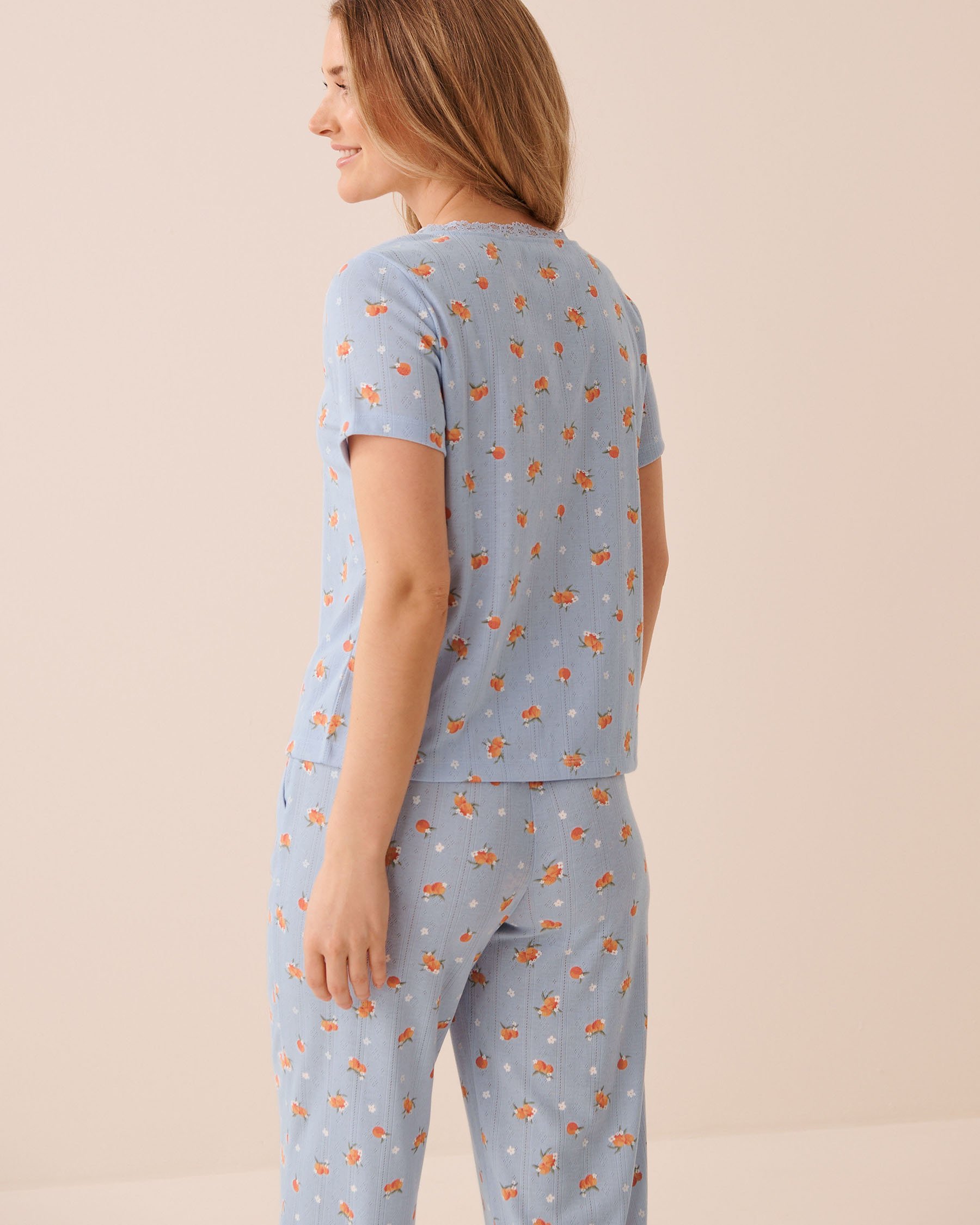 LA VIE EN ROSE Peach Print Lace Trim Pointelle Tie-Front T-shirt Blue 40100871 - View2