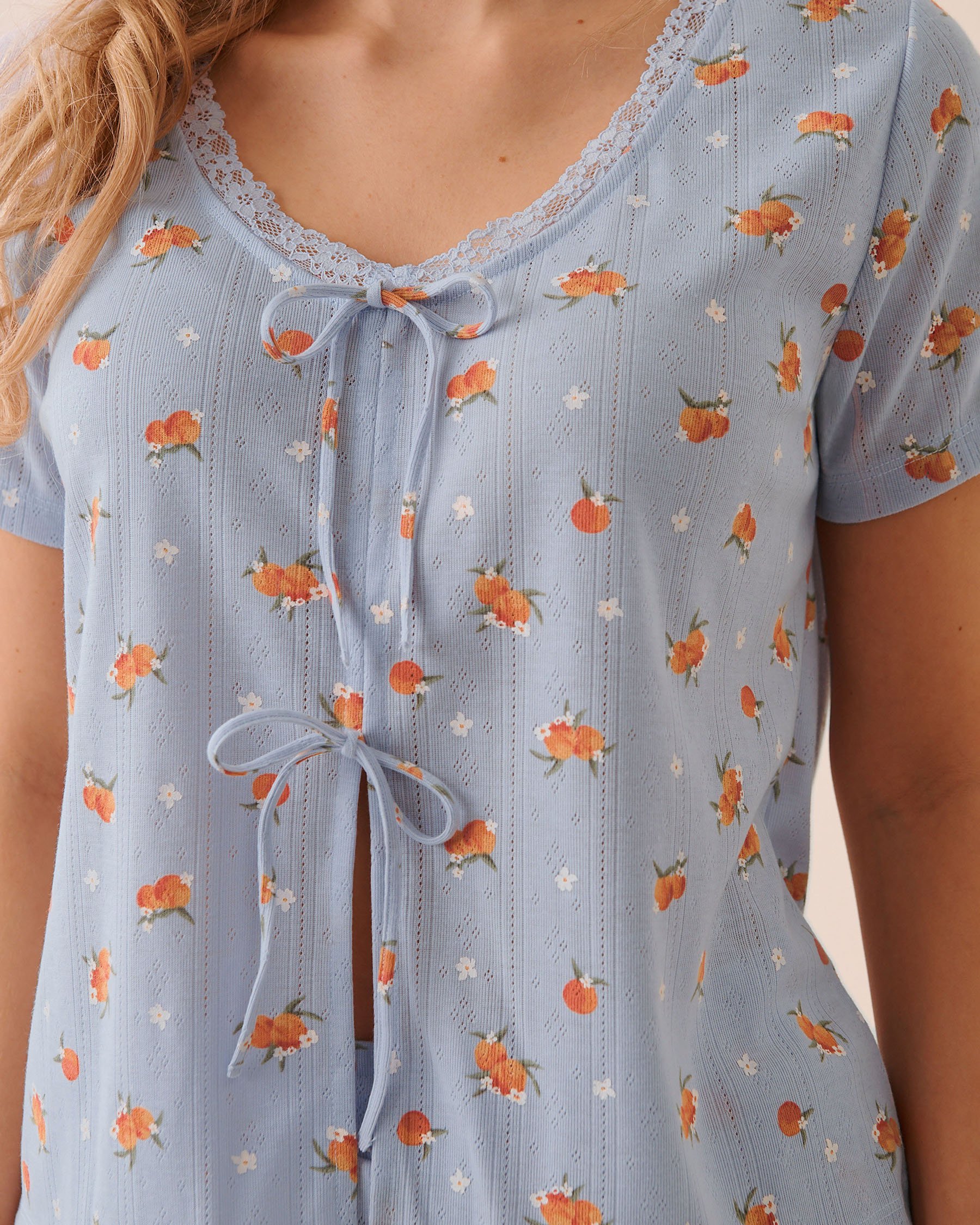 LA VIE EN ROSE Peach Print Lace Trim Pointelle Tie-Front T-shirt Blue 40100871 - View3