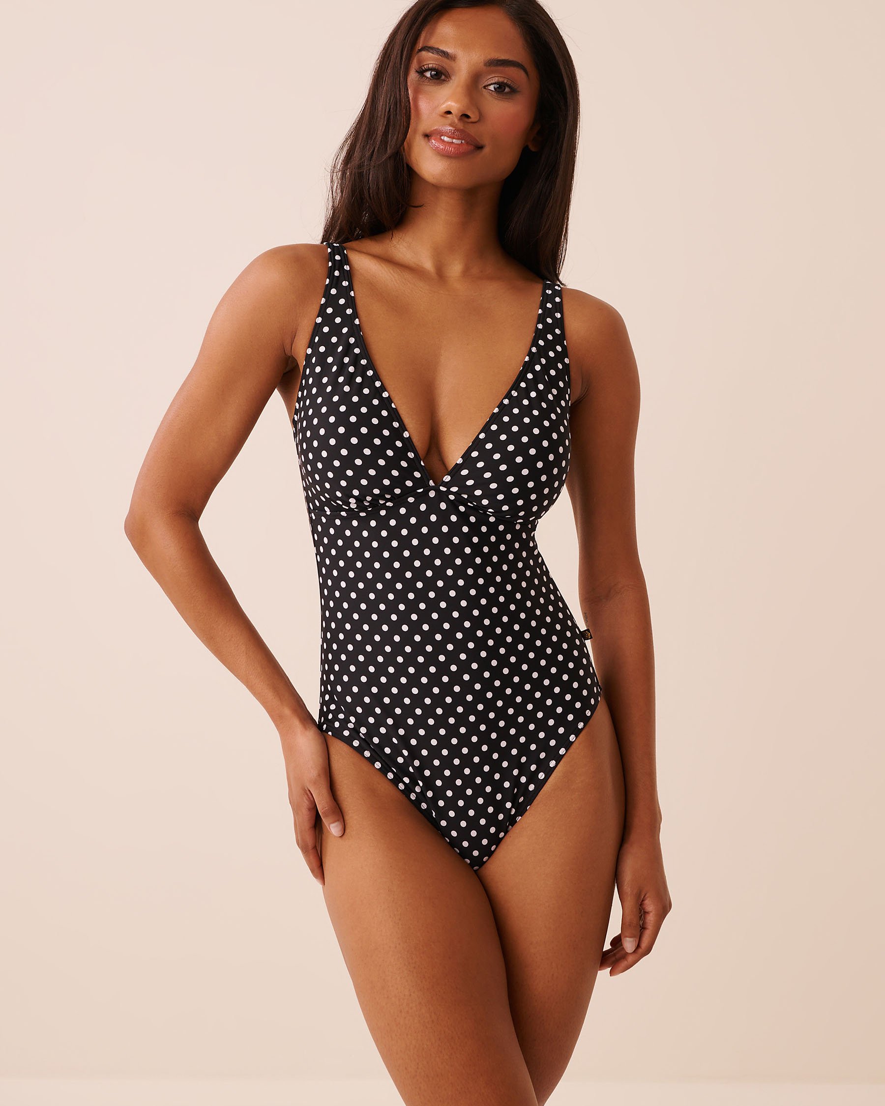 LA VIE EN ROSE AQUA Maillot une-pièce plongeant maintien intégré POLKA DOT Pois noirs 70400220 - View1