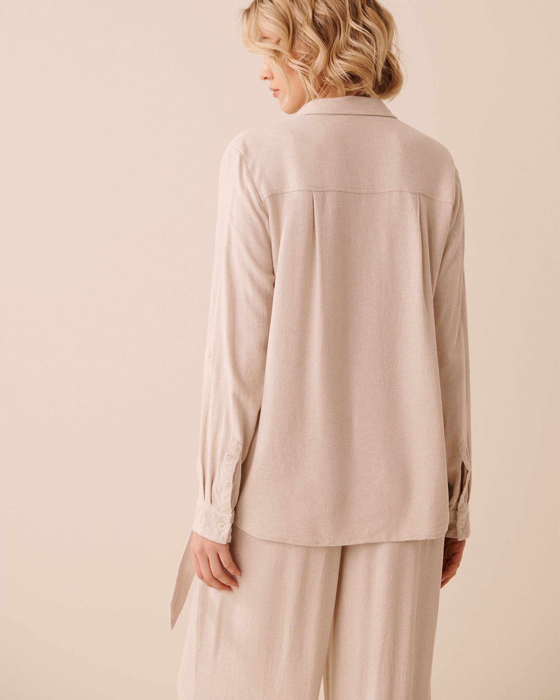 LA VIE EN ROSE AQUA Linen Blend Button-down Shirt Sand 80100044 - View4