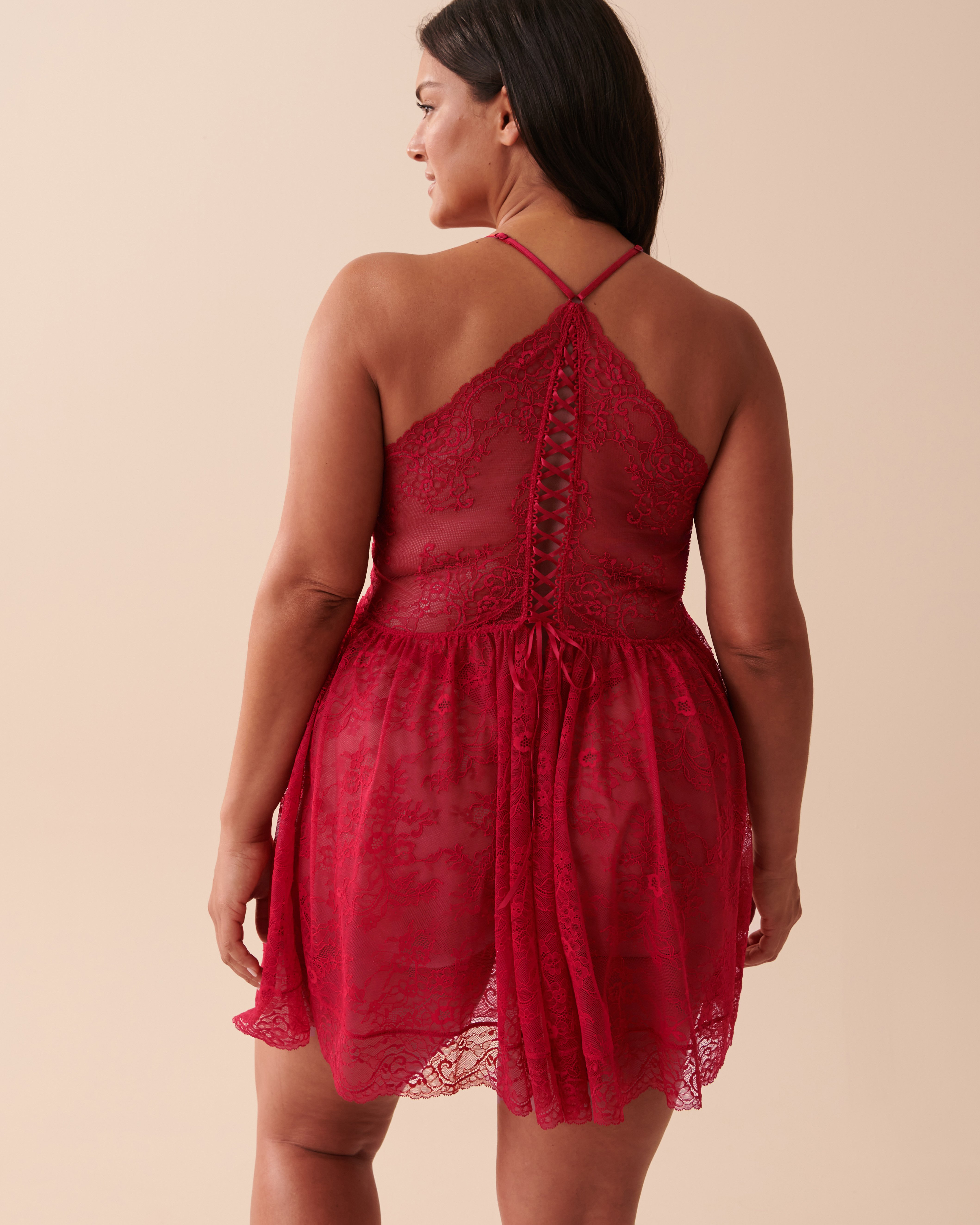 LA VIE EN ROSE Allover Lace Nightie Jingle Red 60500124 - View3