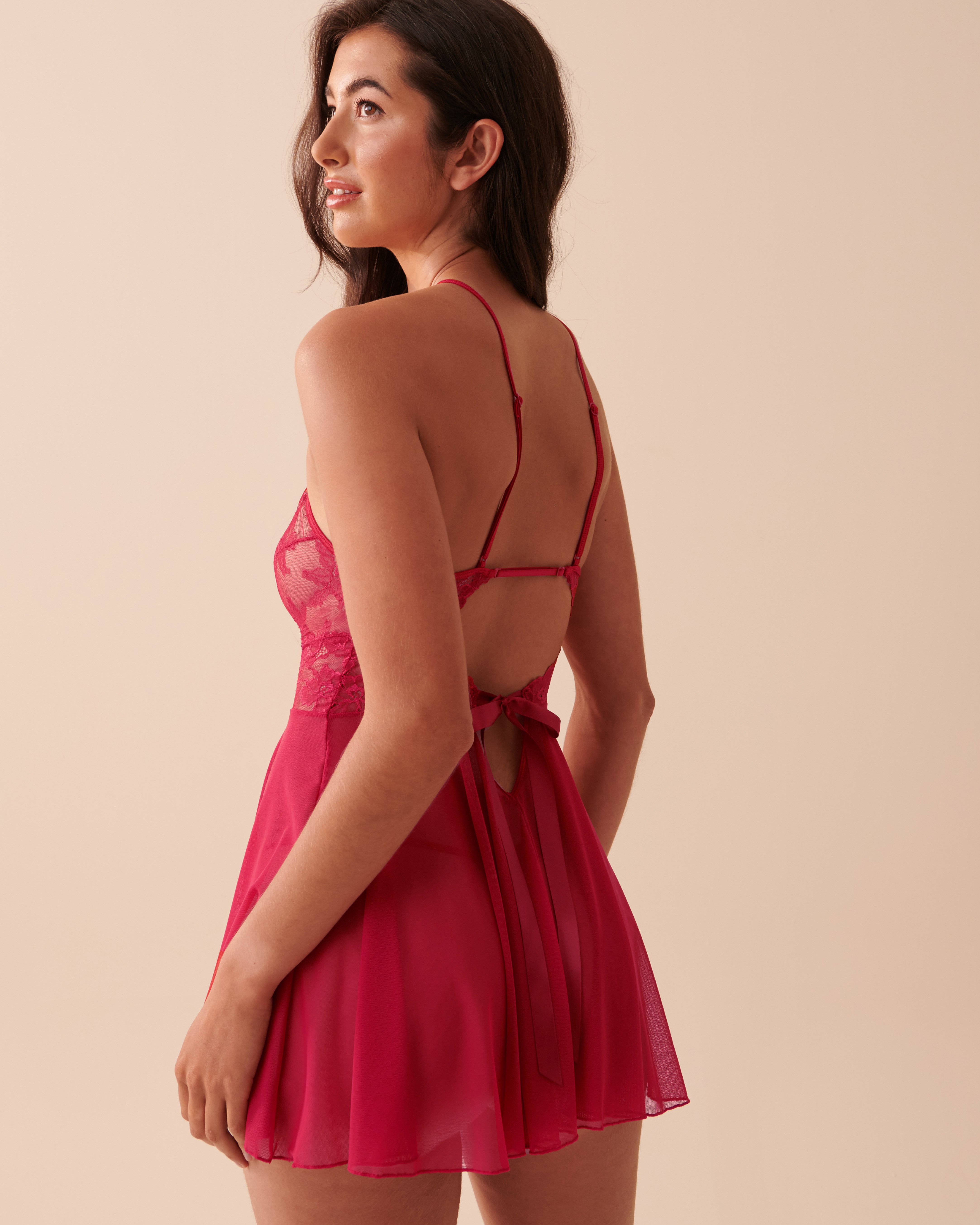 LA VIE EN ROSE Mesh and Lace Babydoll Jingle Red 60500125 - View2