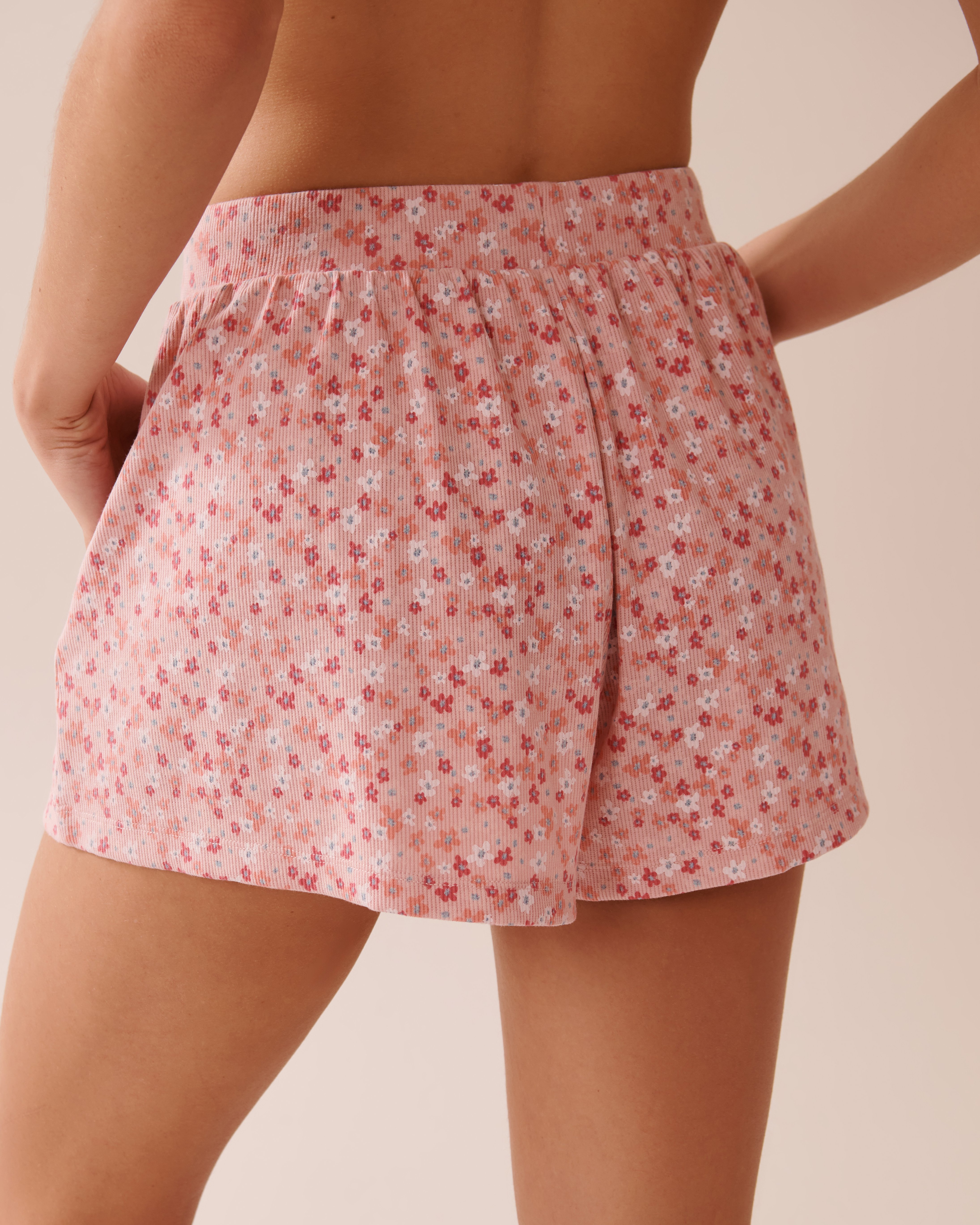 LA VIE EN ROSE Ditsy Floral Print Ribbed Pajama Shorts Small Pink Flowers 40200720 - View2