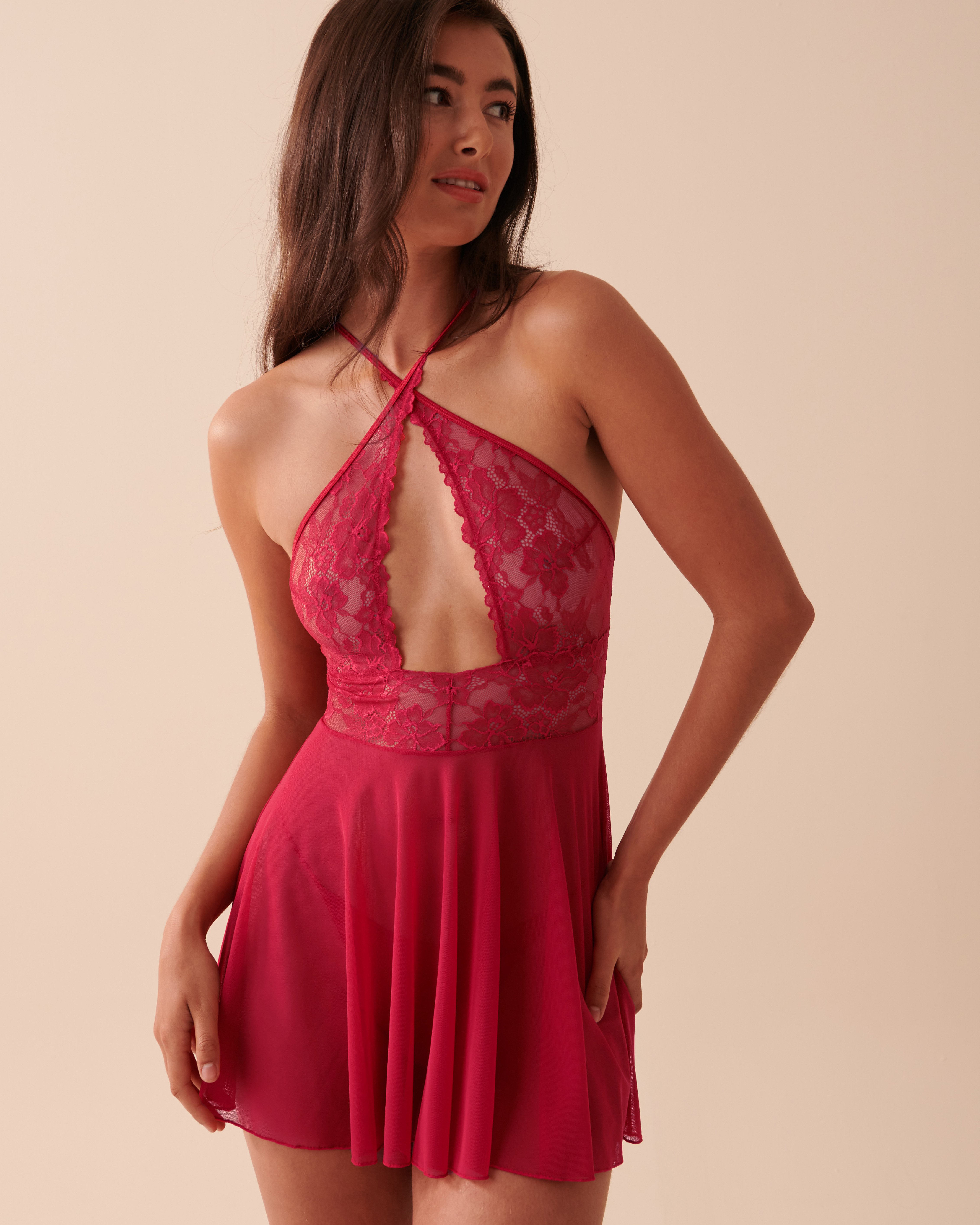 LA VIE EN ROSE Mesh and Lace Babydoll Jingle Red 60500125 - View4
