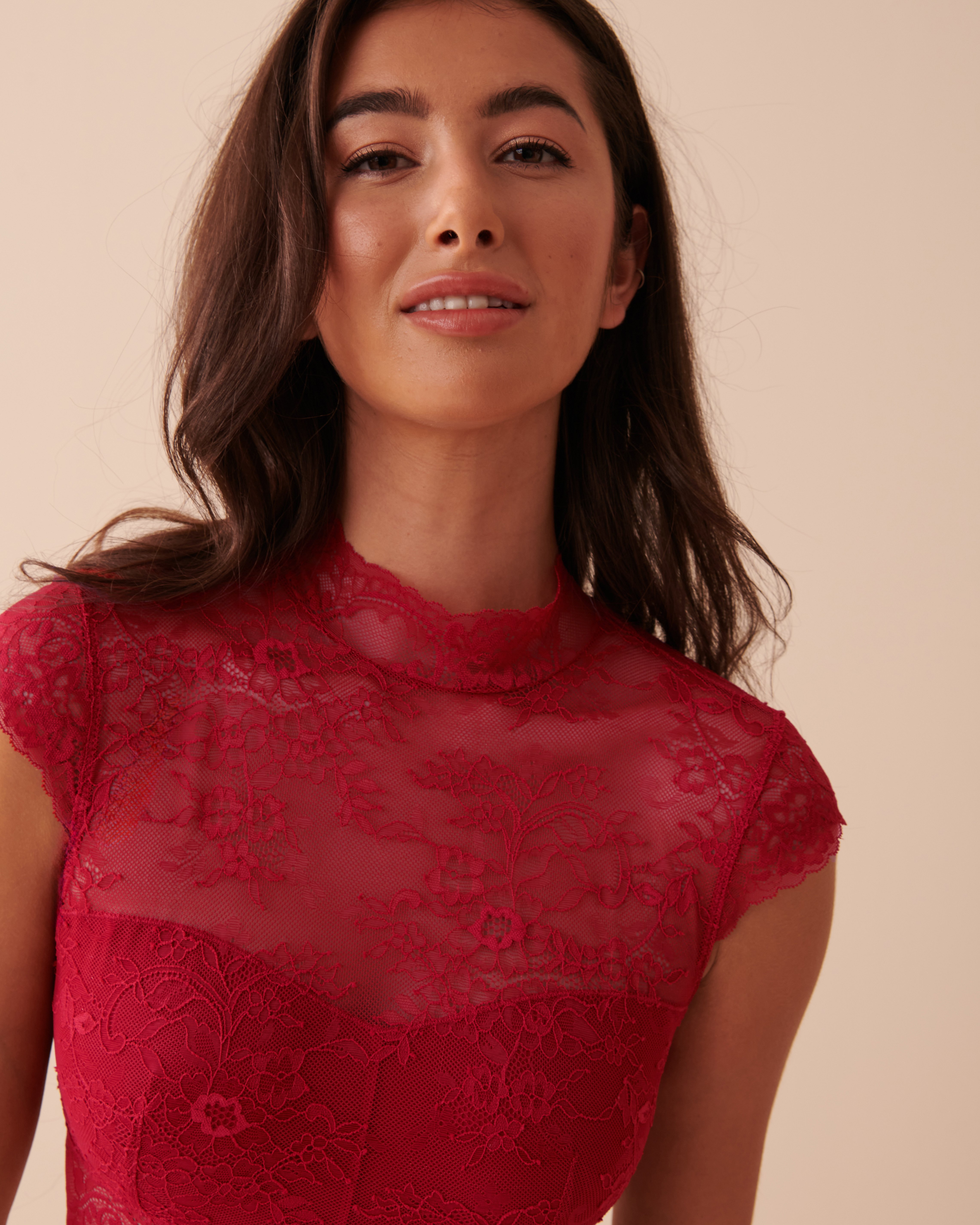 LA VIE EN ROSE Floral Lace and Mesh 2-piece Set Jingle Red 60400029 - View3