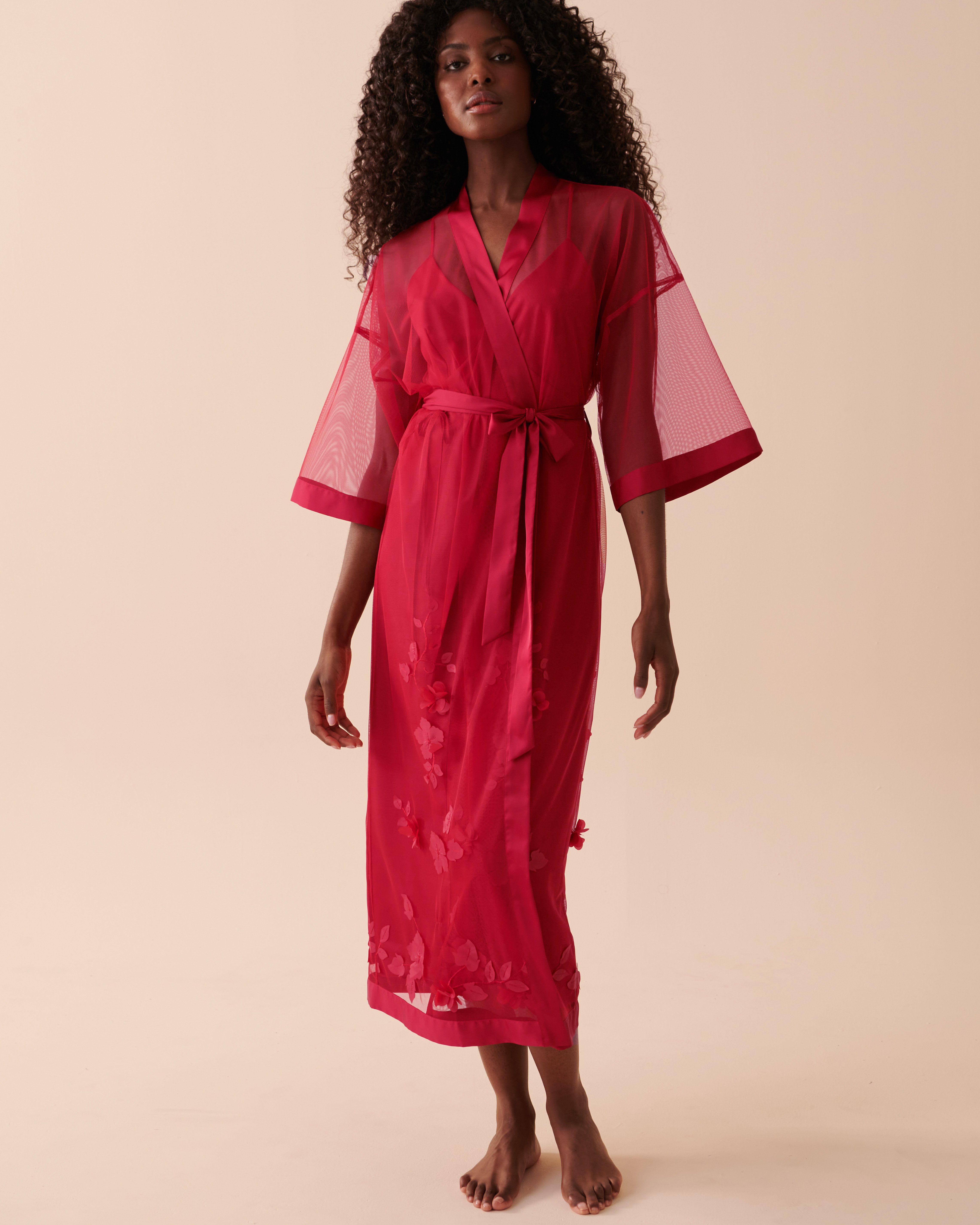 LA VIE EN ROSE Long Sheer Mesh Floral Kimono Jingle Red 60600062 - View6