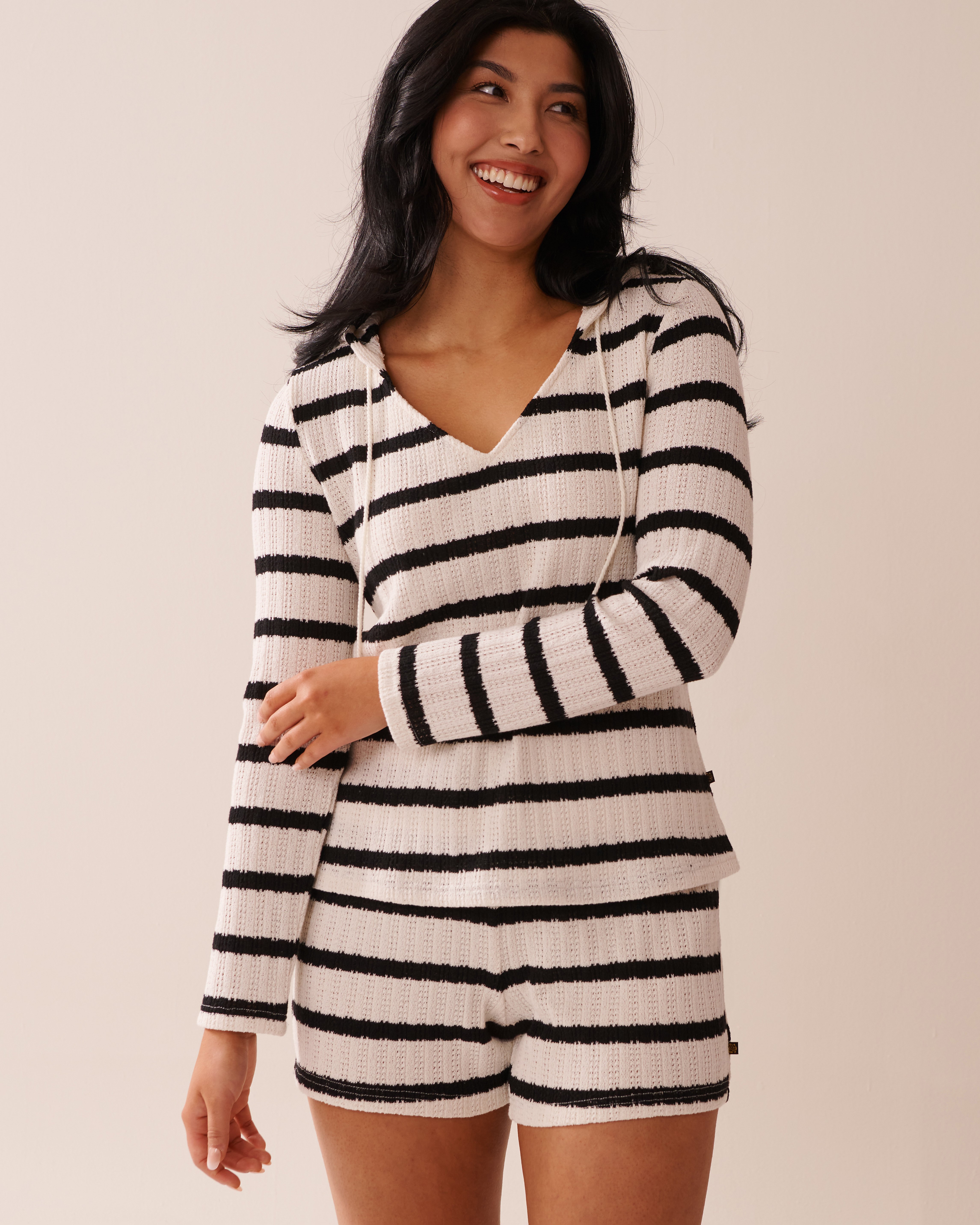 LA VIE EN ROSE AQUA Hooded Tricot Tunic Black & White Stripes 80100033 - View6