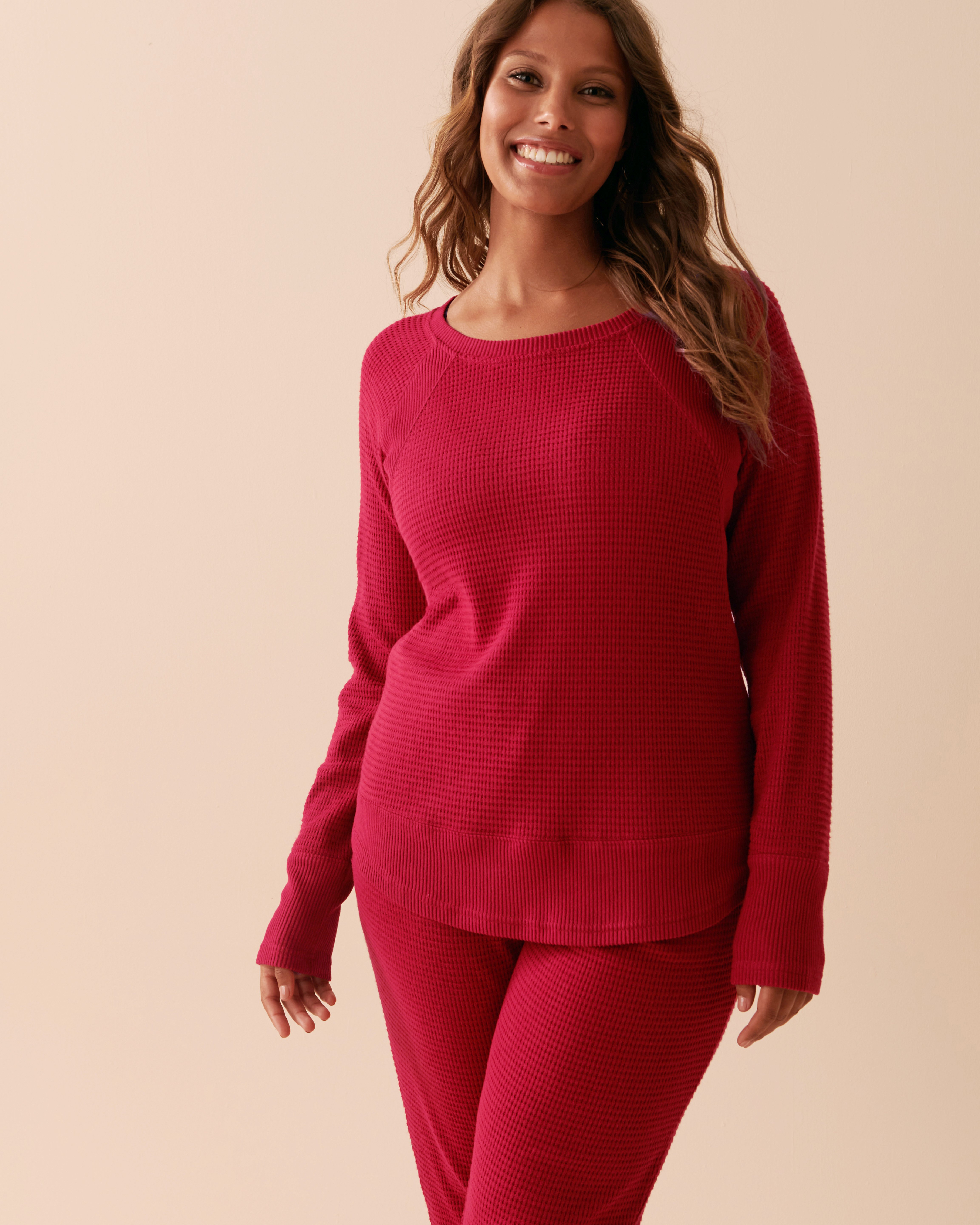 LA VIE EN ROSE Waffle Knit Long Sleeve Shirt Jingle Red 40100514 - View1