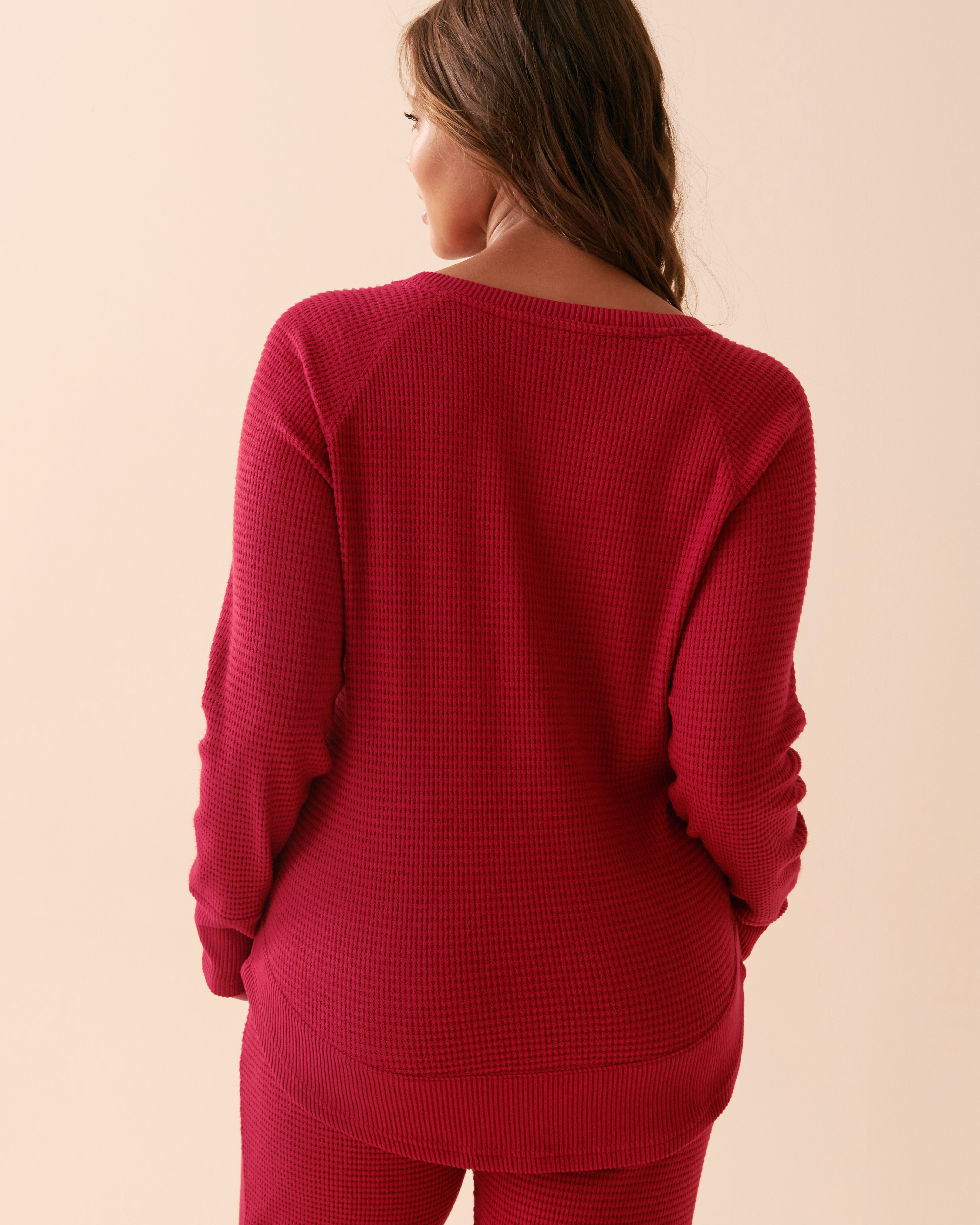 LA VIE EN ROSE Waffle Knit Long Sleeve Shirt Jingle Red 40100514 - View2