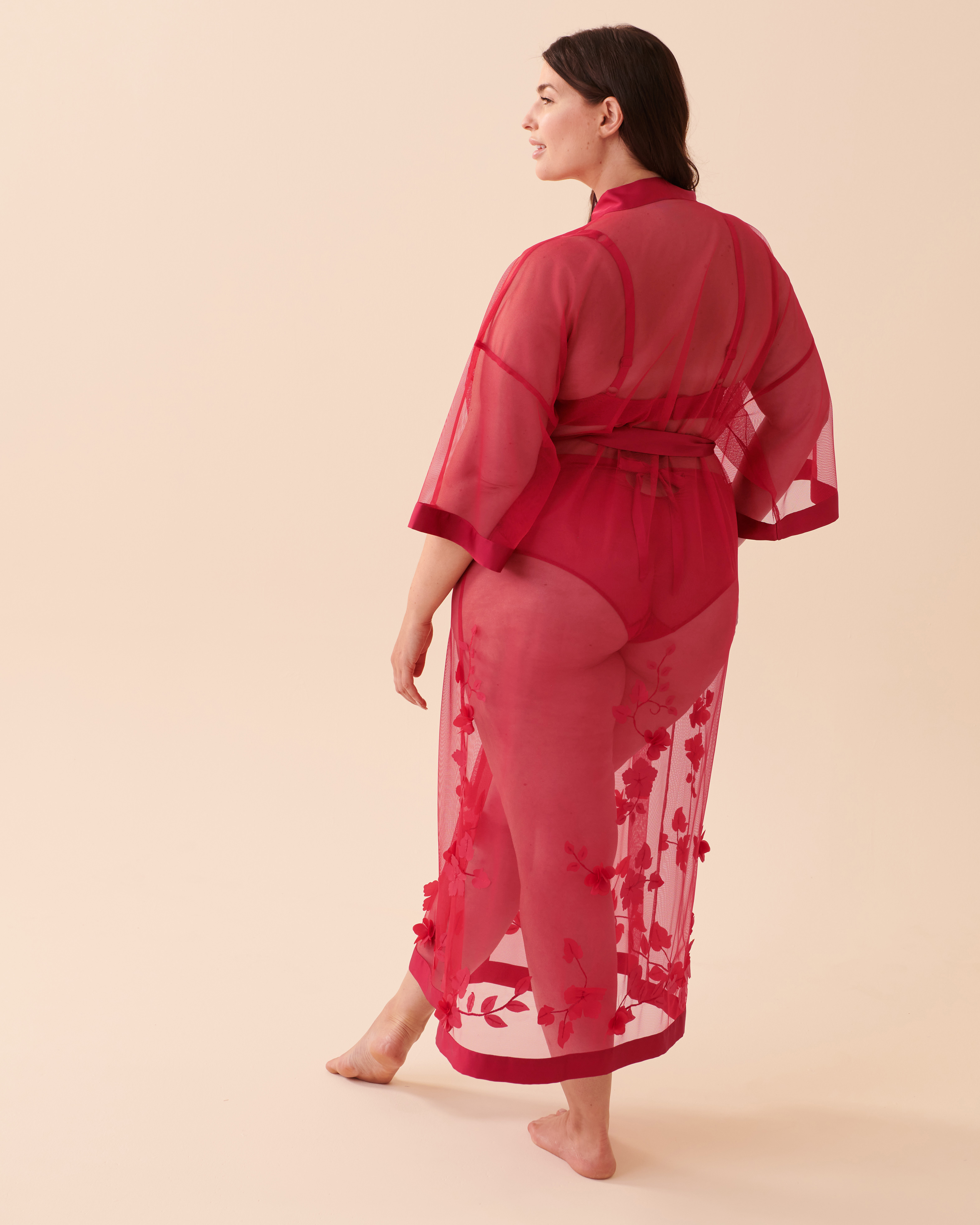LA VIE EN ROSE Kimono à fleurs en résille transparente Rouge festif 60600062 - View3