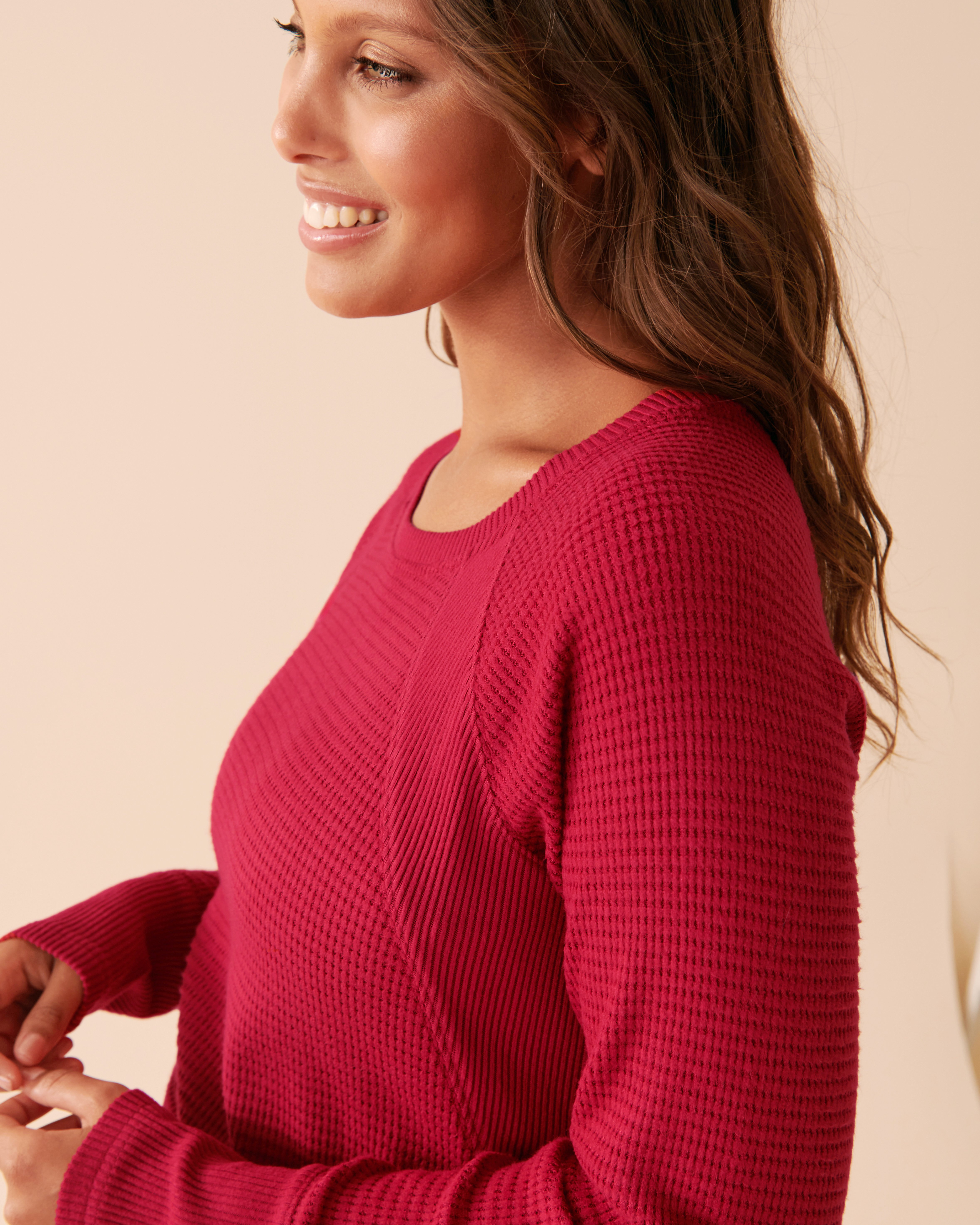 LA VIE EN ROSE Waffle Knit Long Sleeve Shirt Jingle Red 40100514 - View3