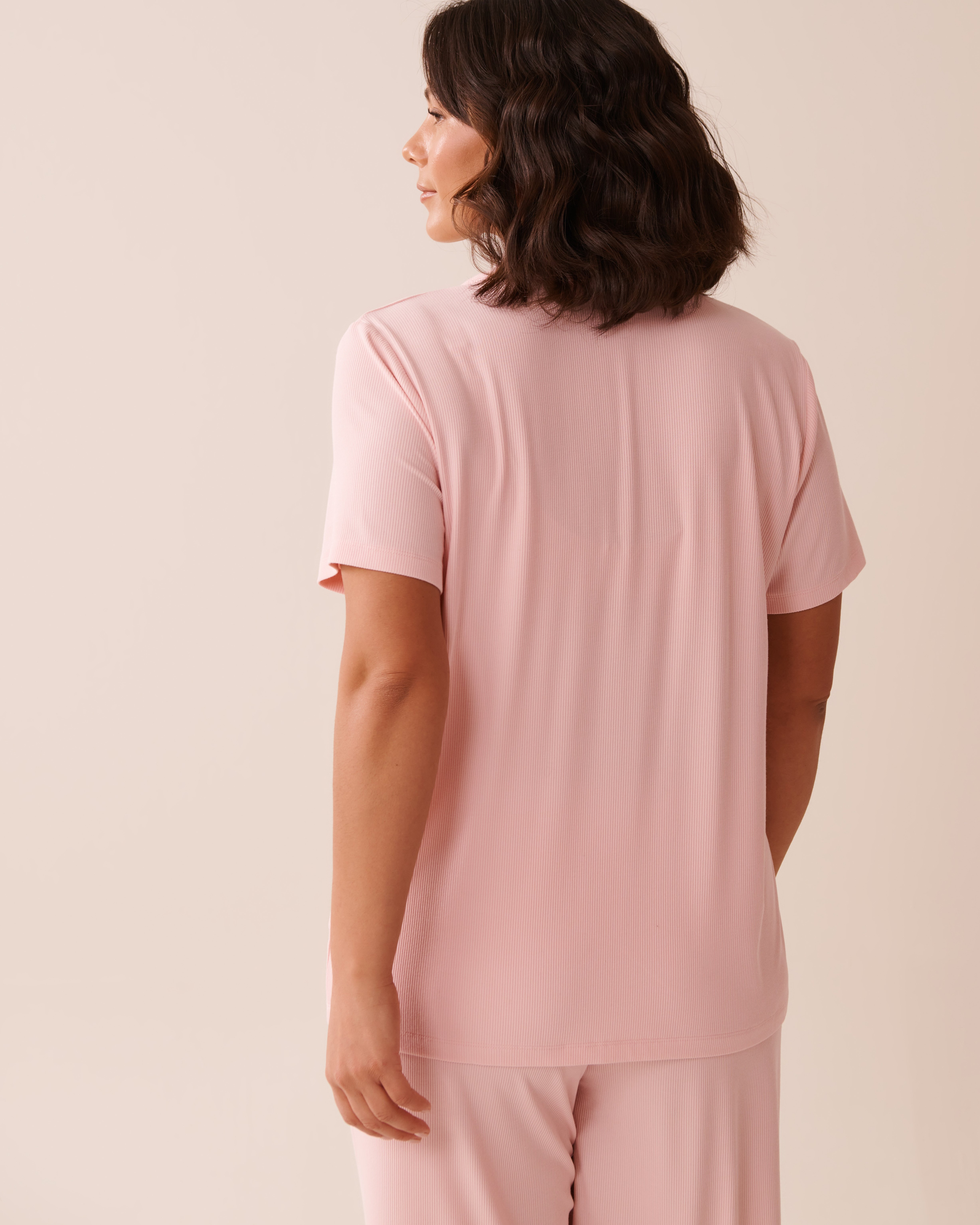 LA VIE EN ROSE Ribbed Modal Button-down Shirt Peony Pink 60100132 - View7