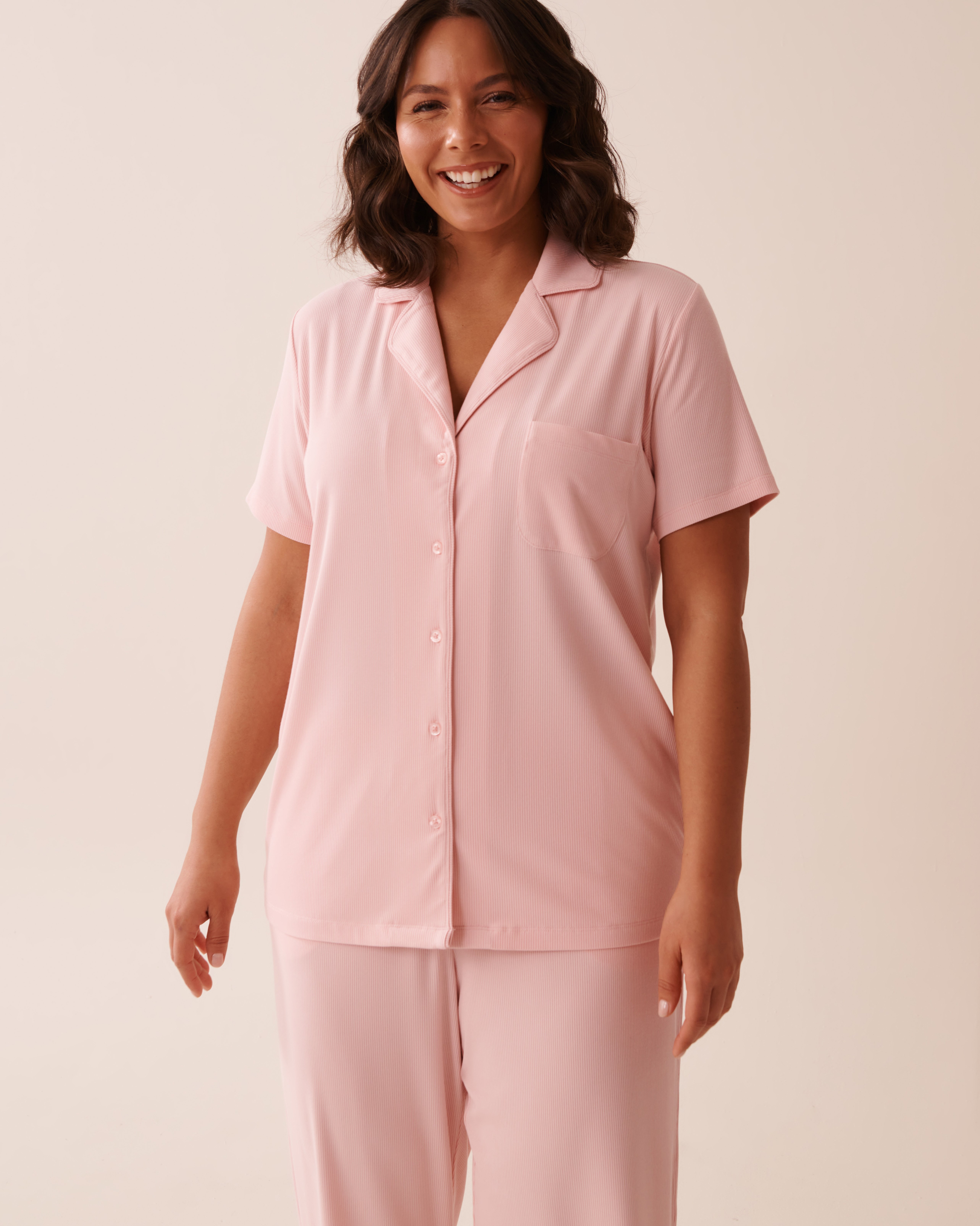 LA VIE EN ROSE Ribbed Modal Button-down Shirt Peony Pink 60100132 - View6