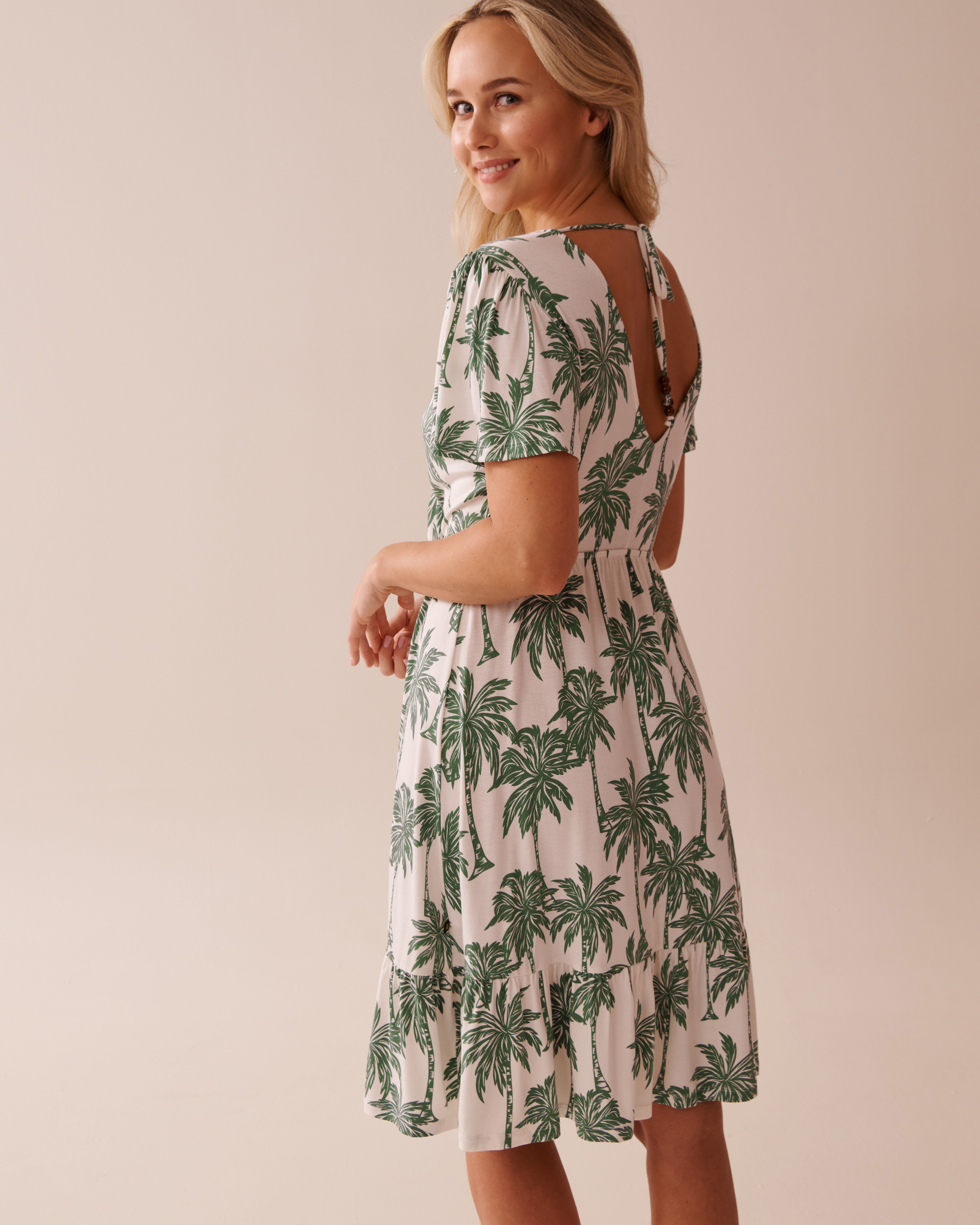 LA VIE EN ROSE AQUA Crepe Short Sleeve Dress Beige Palm 80300117 - View2