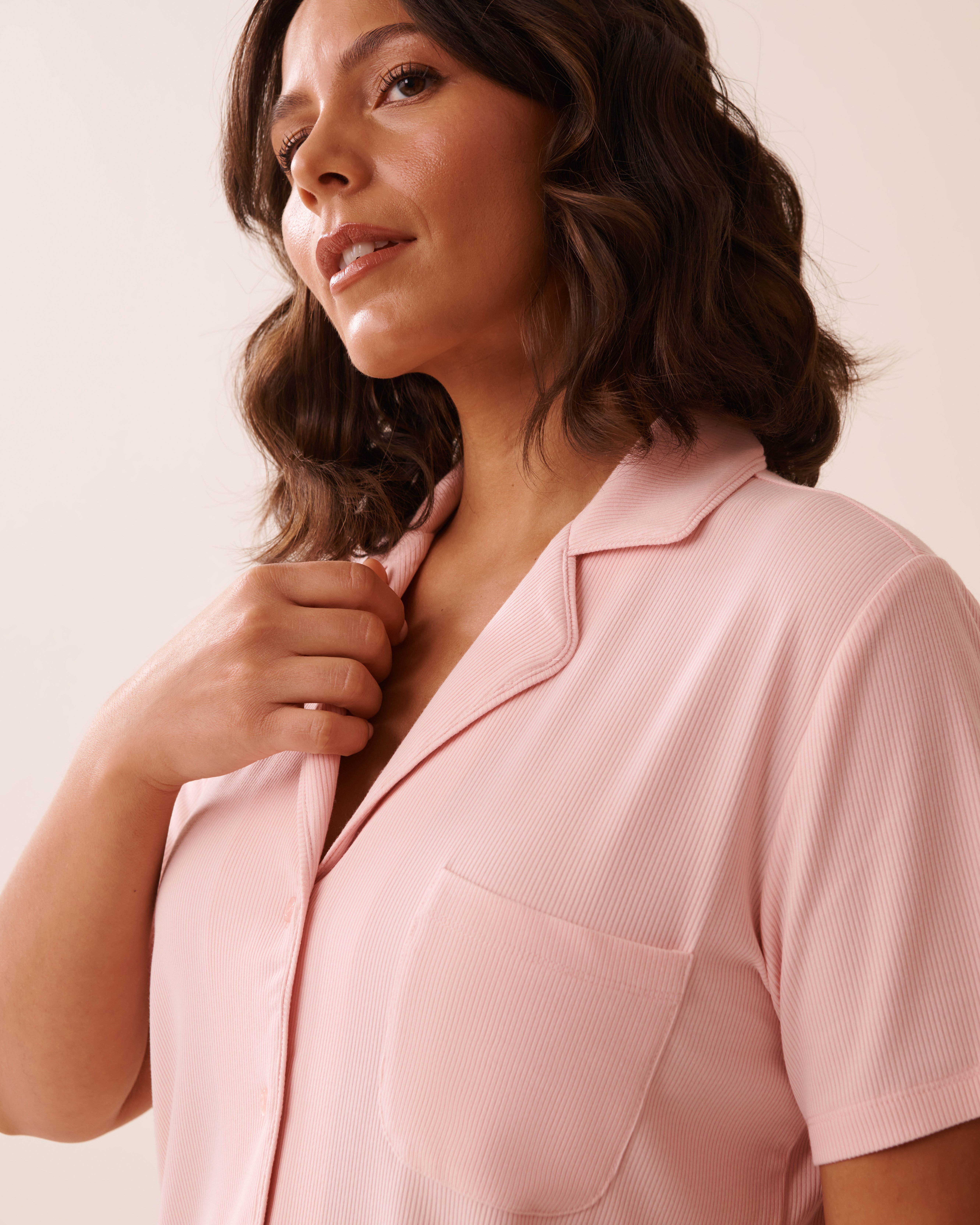 LA VIE EN ROSE Ribbed Modal Button-down Shirt Peony Pink 60100132 - View8