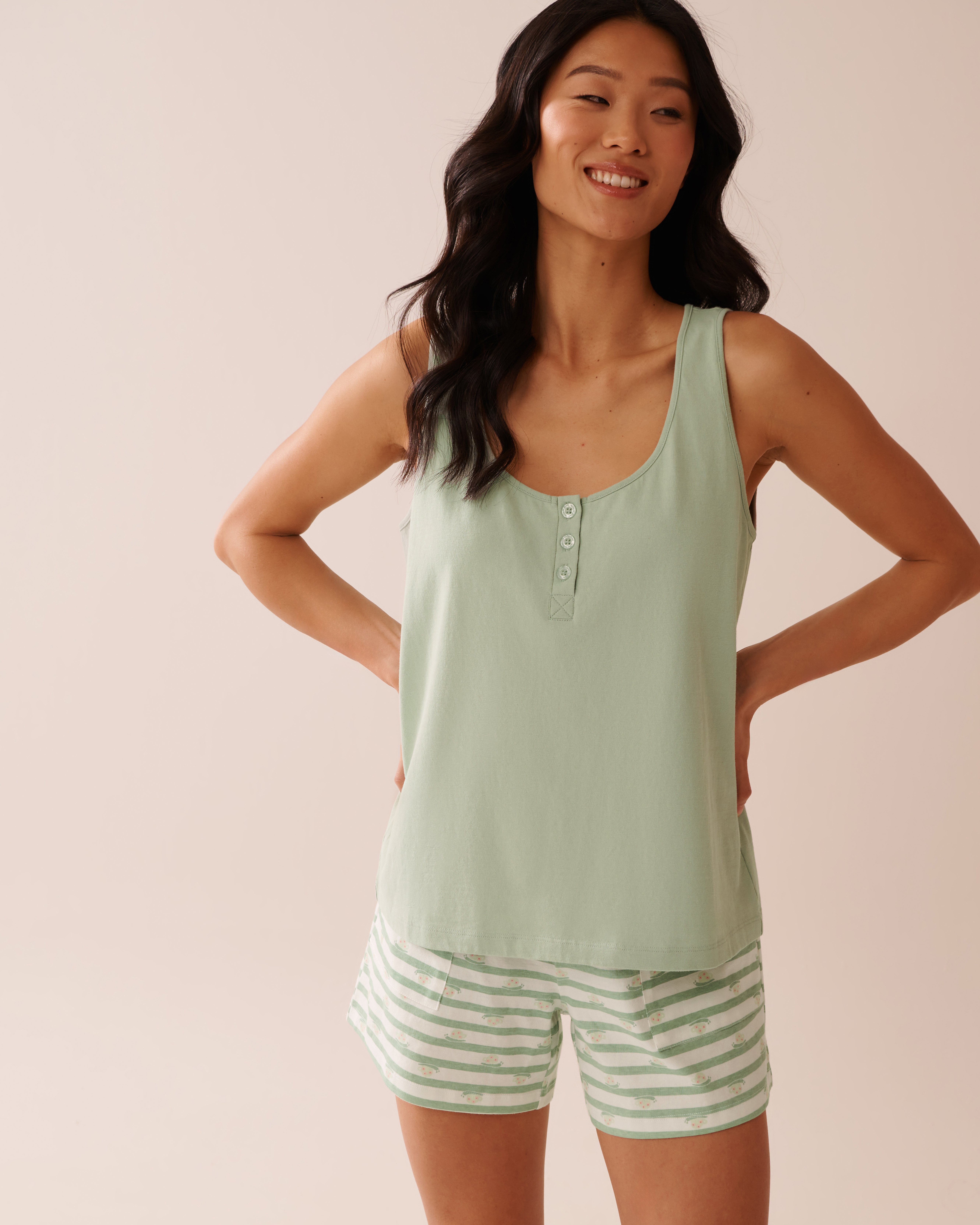 LA VIE EN ROSE Cotton Henley Cami Frosty Green 40100722 - View1