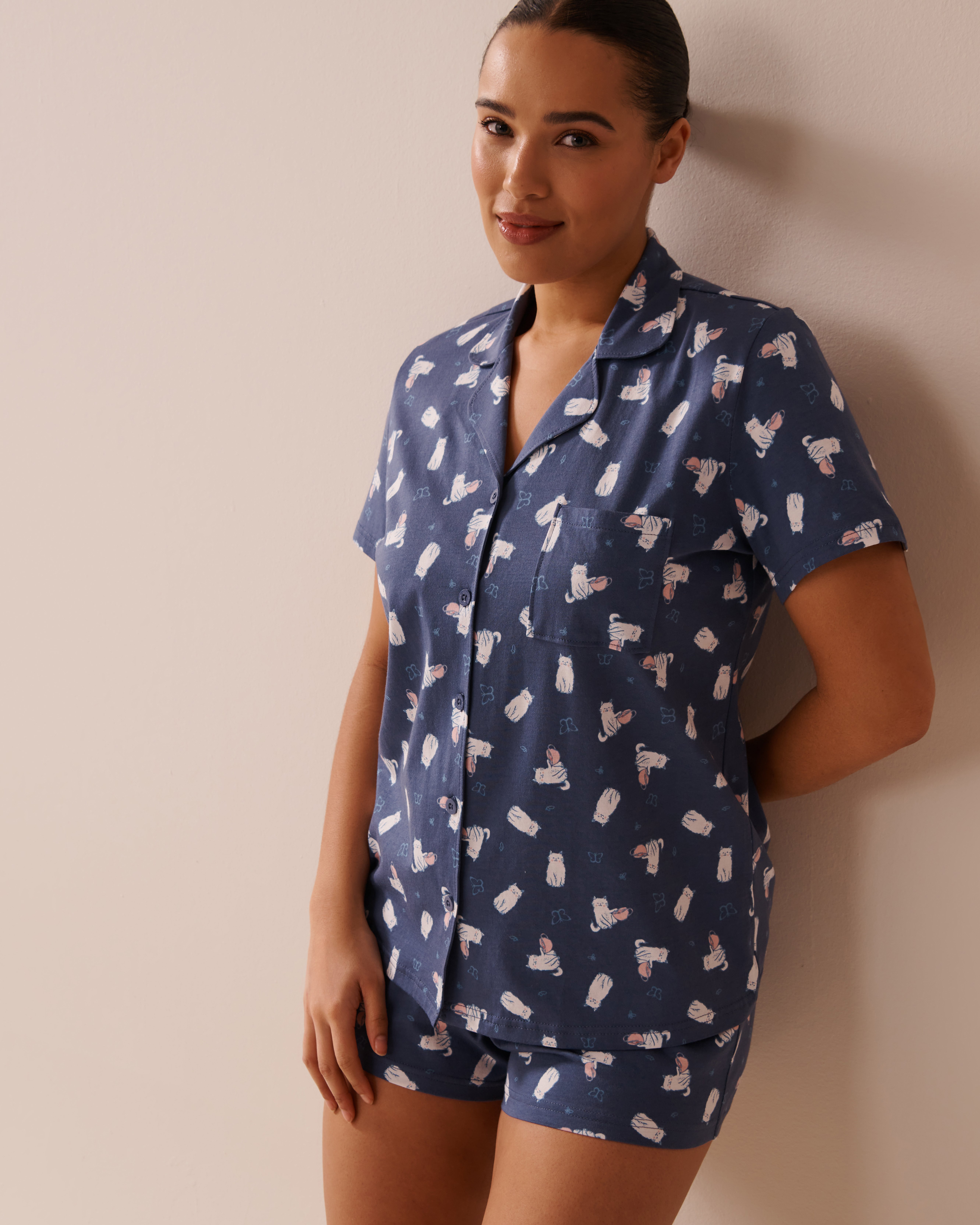 LA VIE EN ROSE Cat Print Shirt PJ Set Indigo Blue/Cats 40400081 - View1