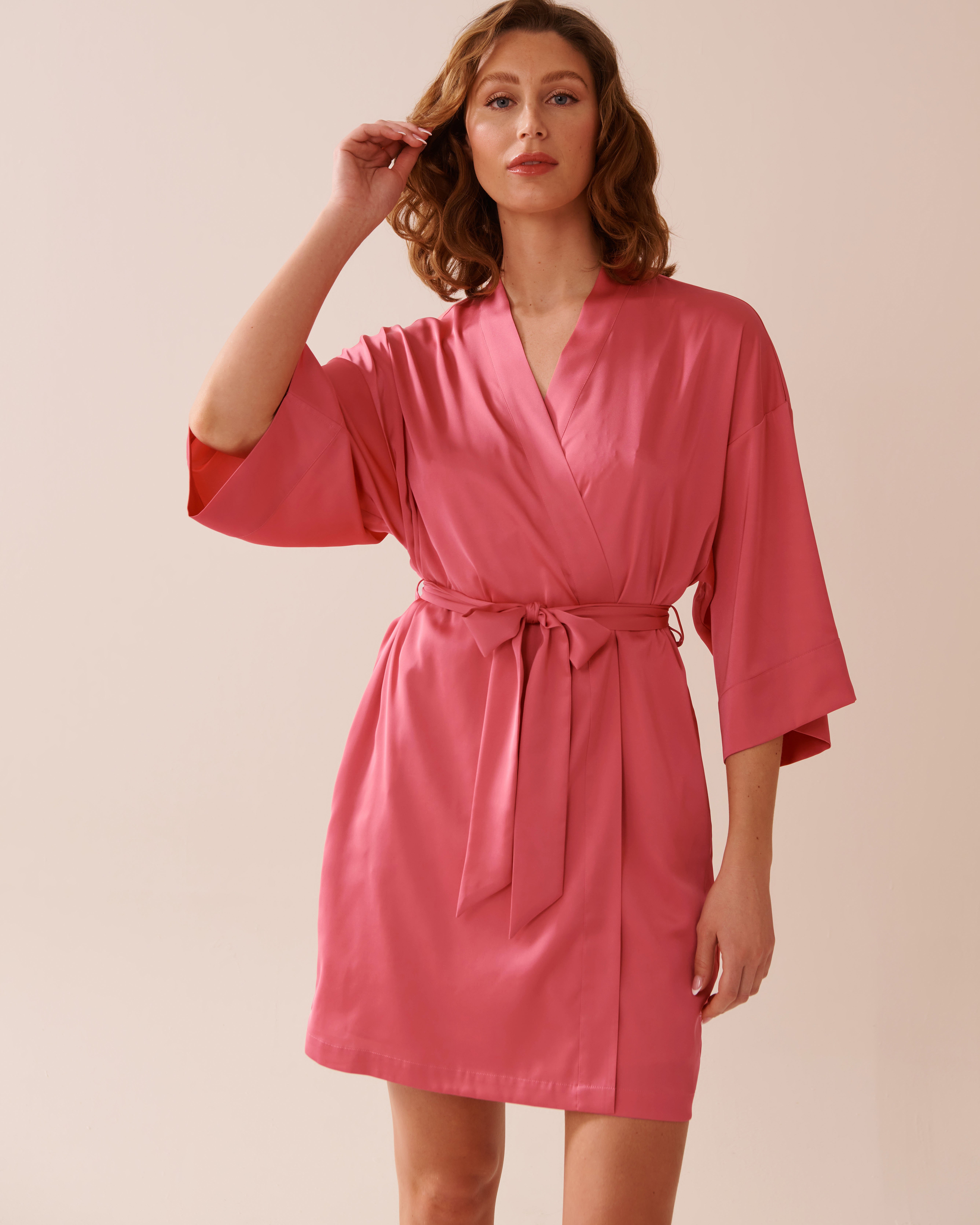 LA VIE EN ROSE Satin Kimono Watermelon Pink 60600094 - View3