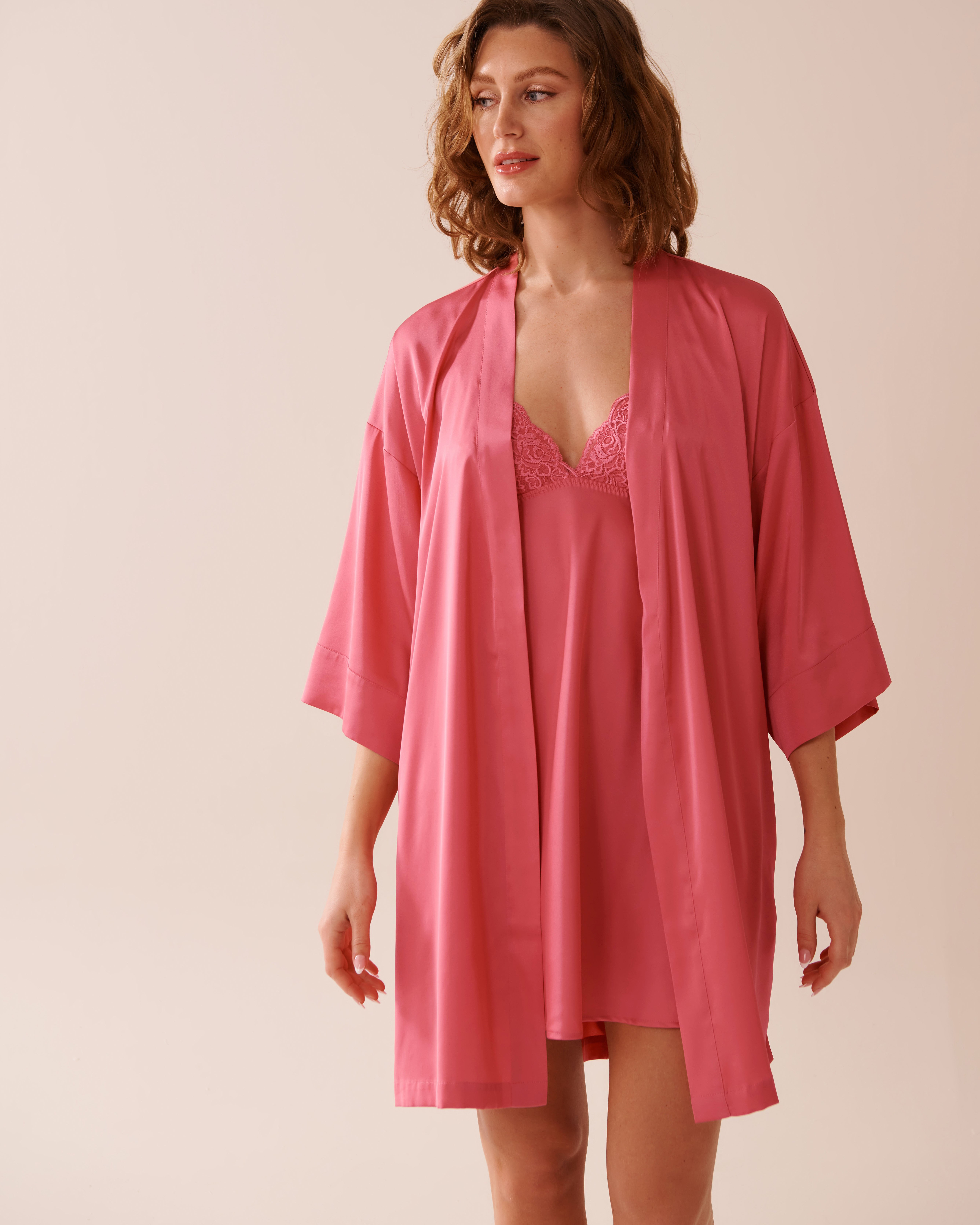 LA VIE EN ROSE Satin Kimono Watermelon Pink 60600094 - View6
