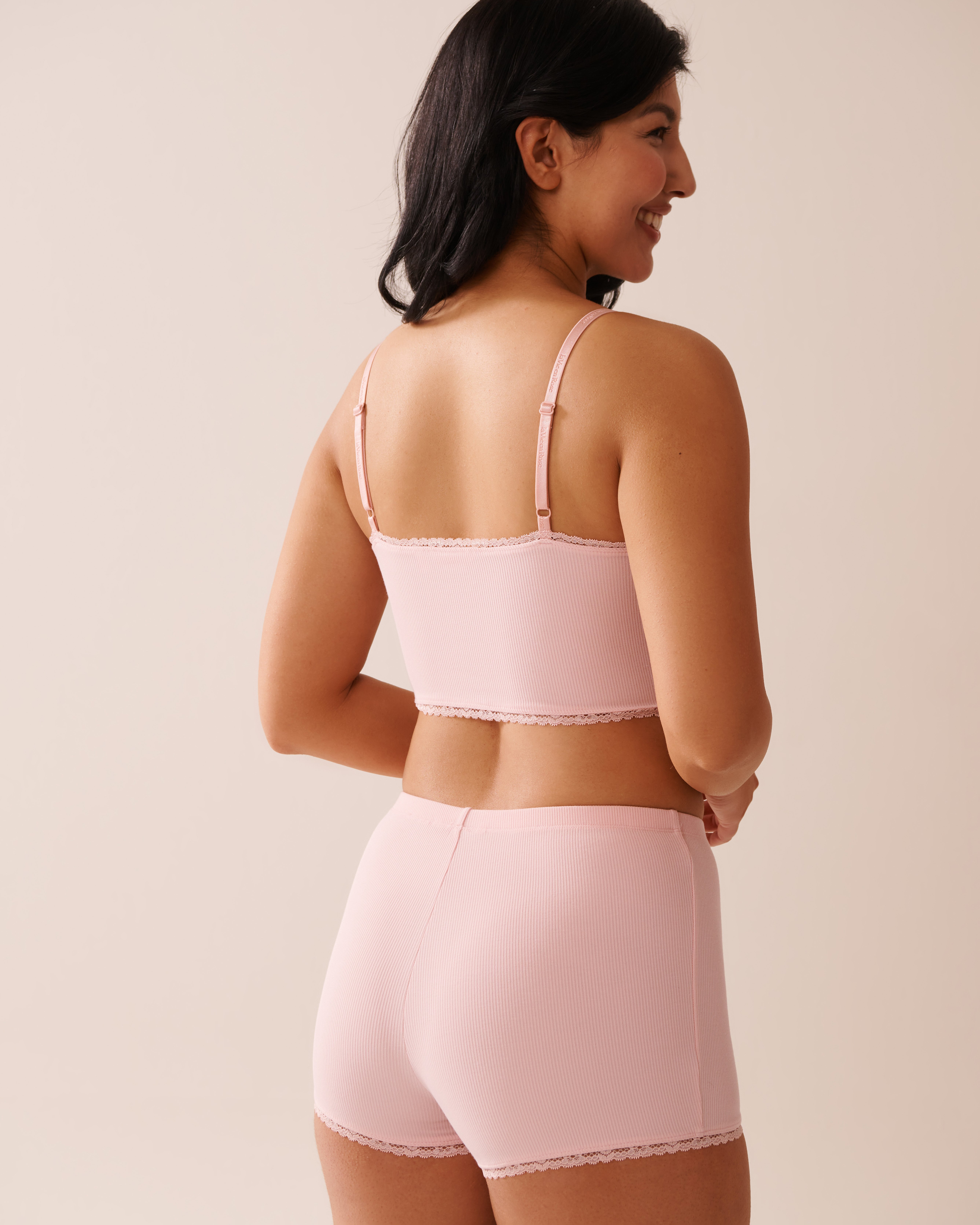 LA VIE EN ROSE Ribbed Modal and Lace Trim Crop Cami Peony Pink 60100137 - View2